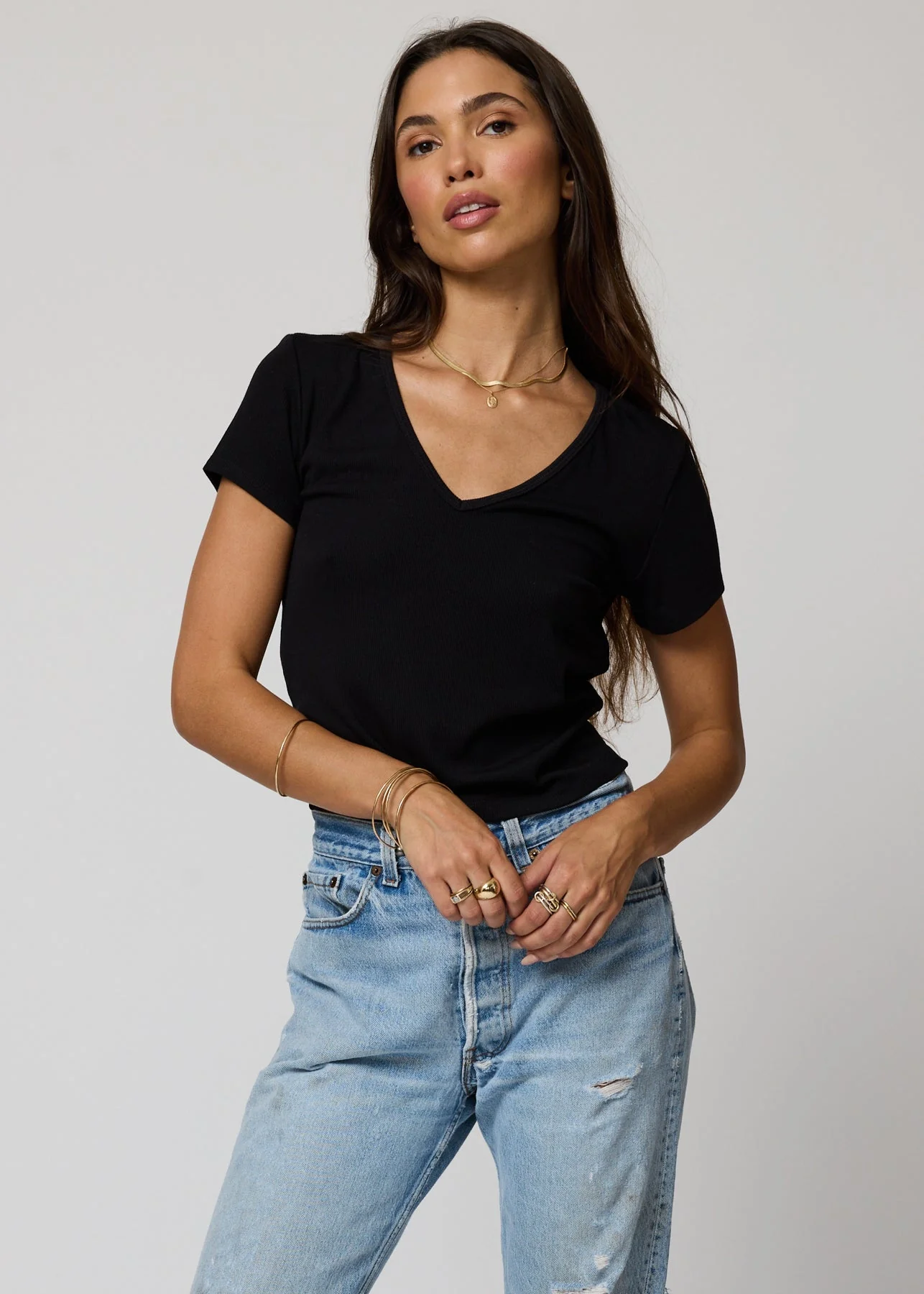 Rib V Neck Crop Baby Tee - Black