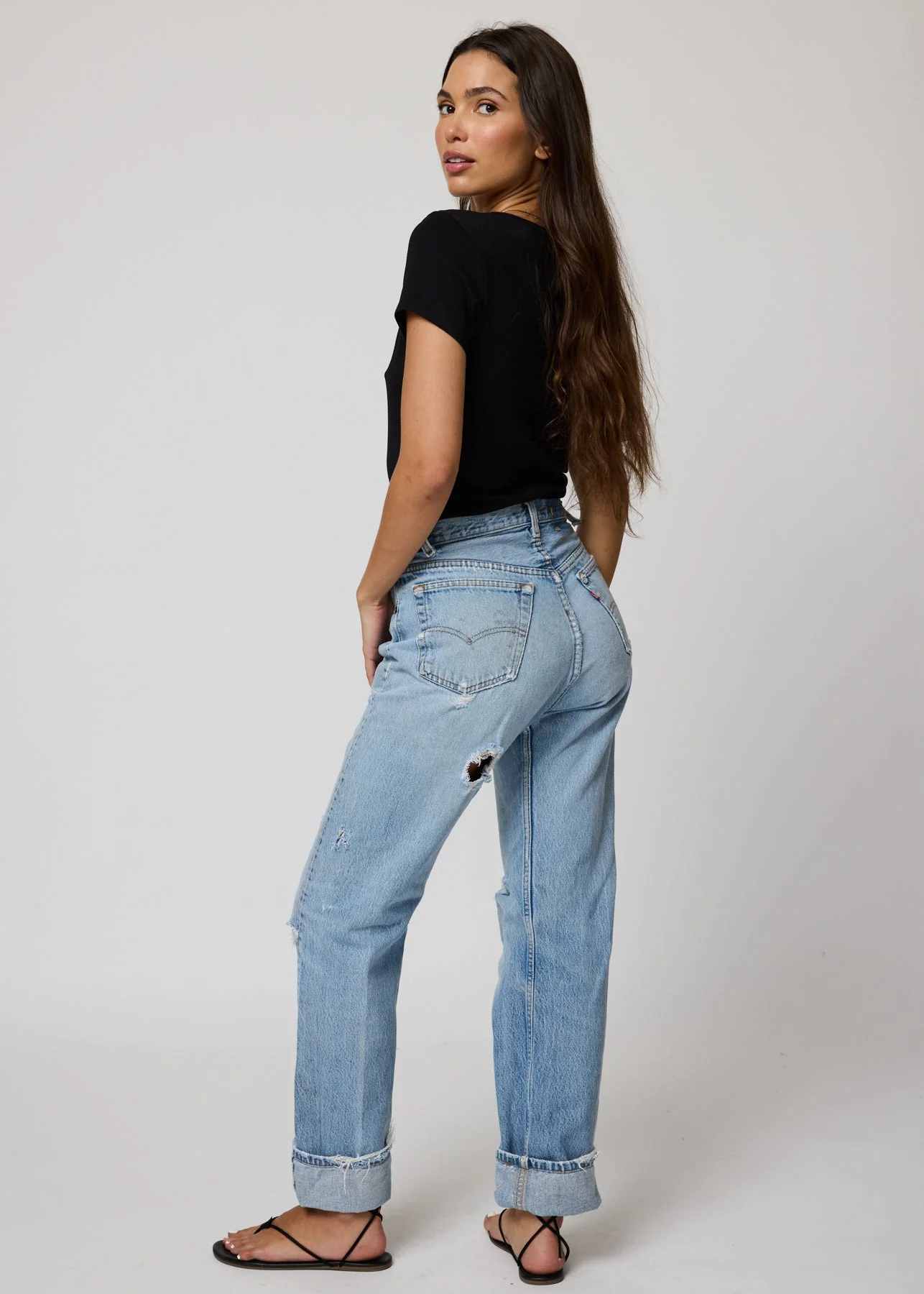 Rib V Neck Crop Baby Tee - Black