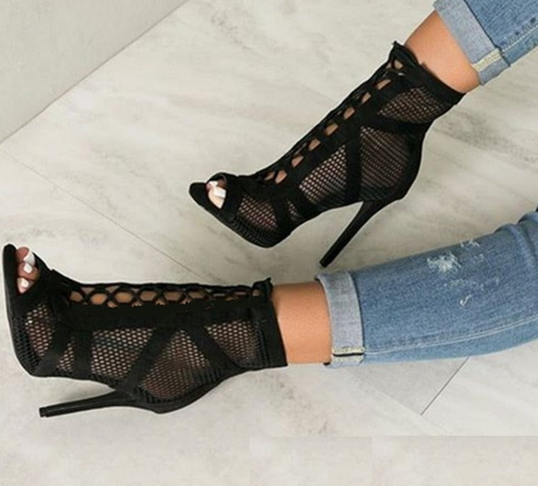 Lace Cross-tied Peep Toe Heels