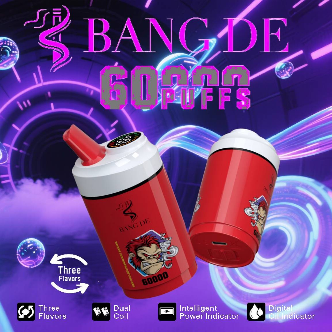 Bang DE 60000 Puffs Dual Flavor Vape | 850mAh Battery, 60ML E-liquid, Type-C Recharge, Dual Coil