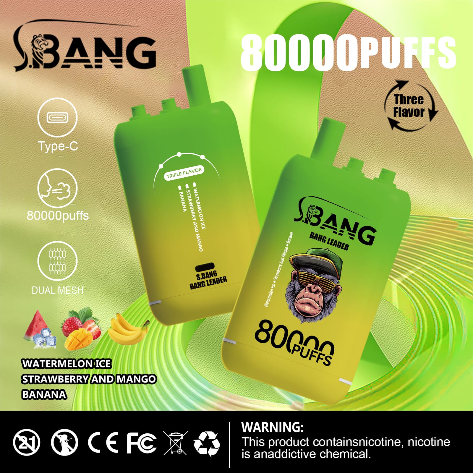 Bang leader 80000 Puffs Vape | 78ML E-liquid, 850mAh Battery, Triple Flavor Blend, Dual Coil, Type-C Recharge