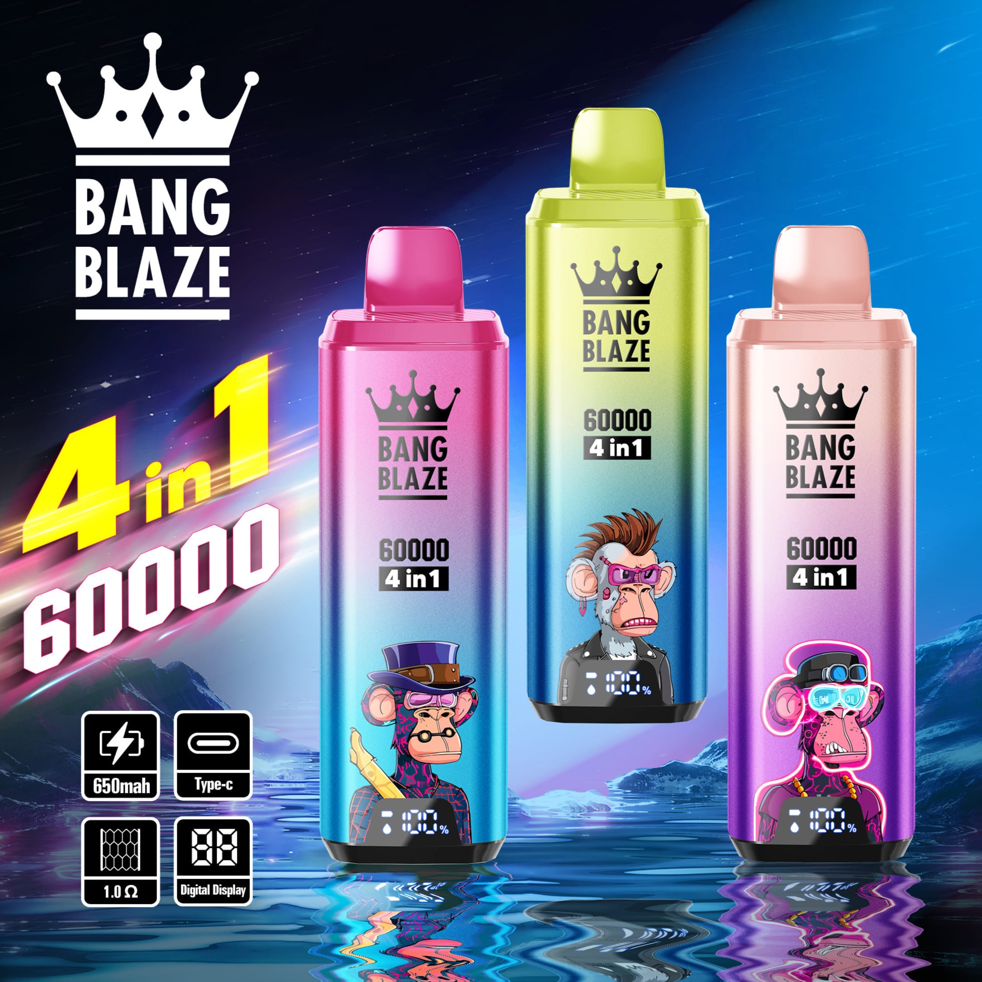 Bang Blaze 60000 Puffs 4in1 Vape | 56ML E-liquid, 650mAh Battery, Type-C Rechargeable, 12 Flavor Options
