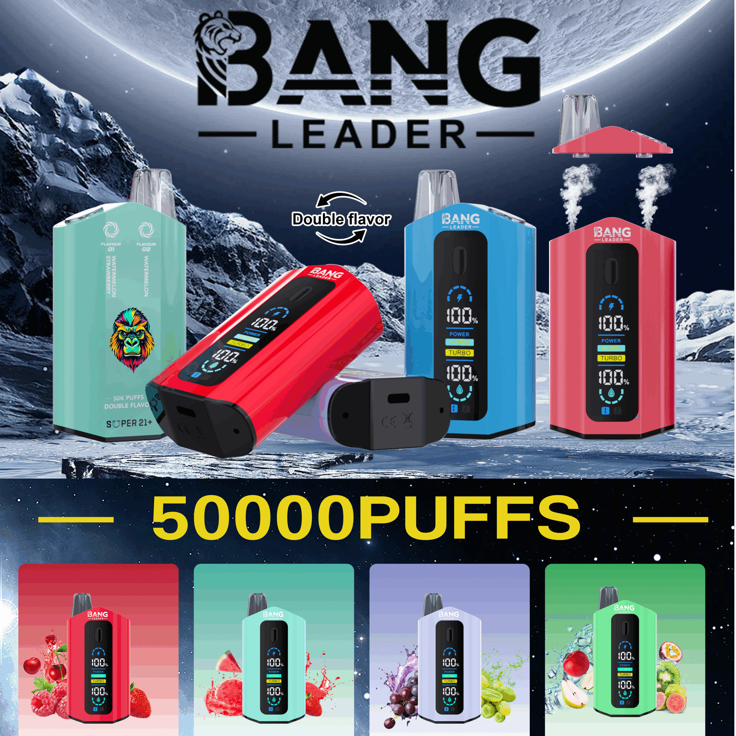 Bang Leader 50000 Puffs Vape Kit – Dual E-Liquid Pods, 650mAh Battery, Multiple Nicotine Strengths