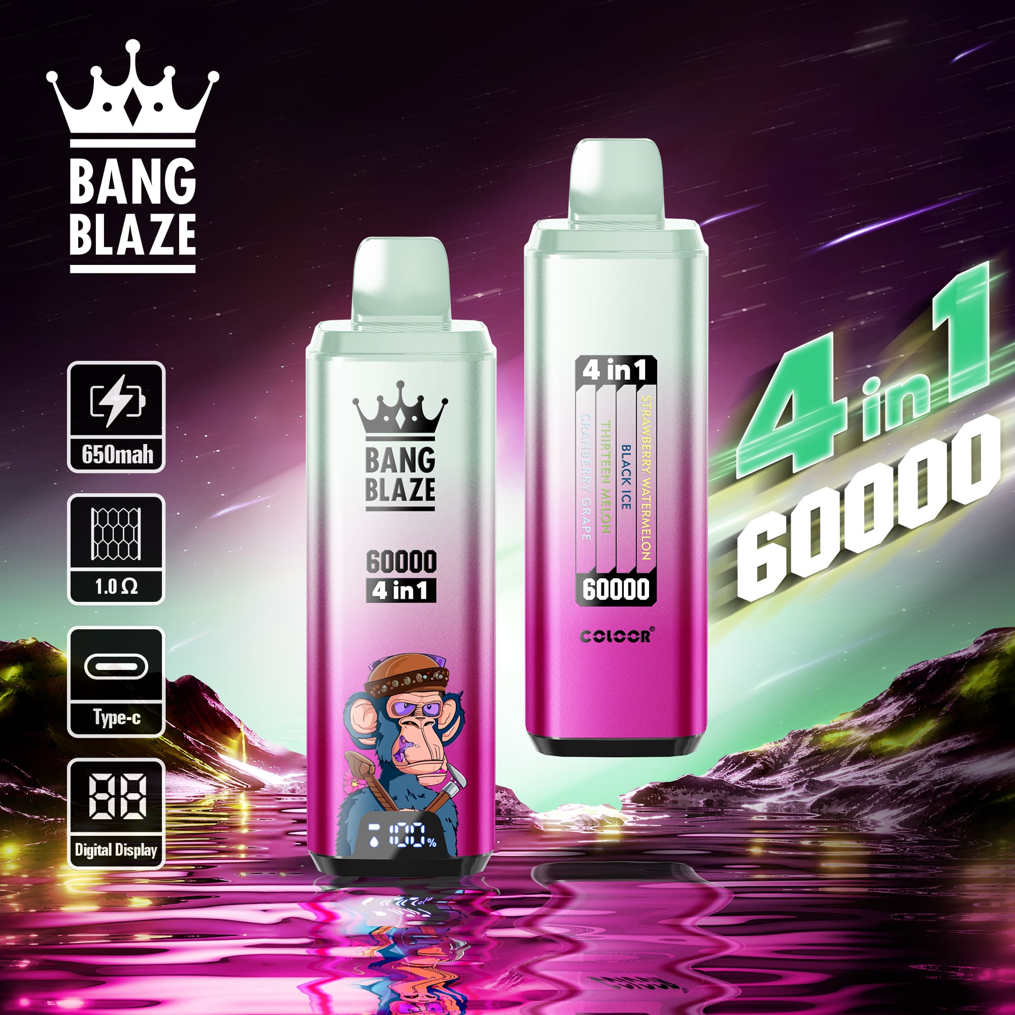 Bang Blaze 60000 Puffs 4in1 Vape | 56ML E-liquid, 650mAh Battery, Type-C Rechargeable, 12 Flavor Options