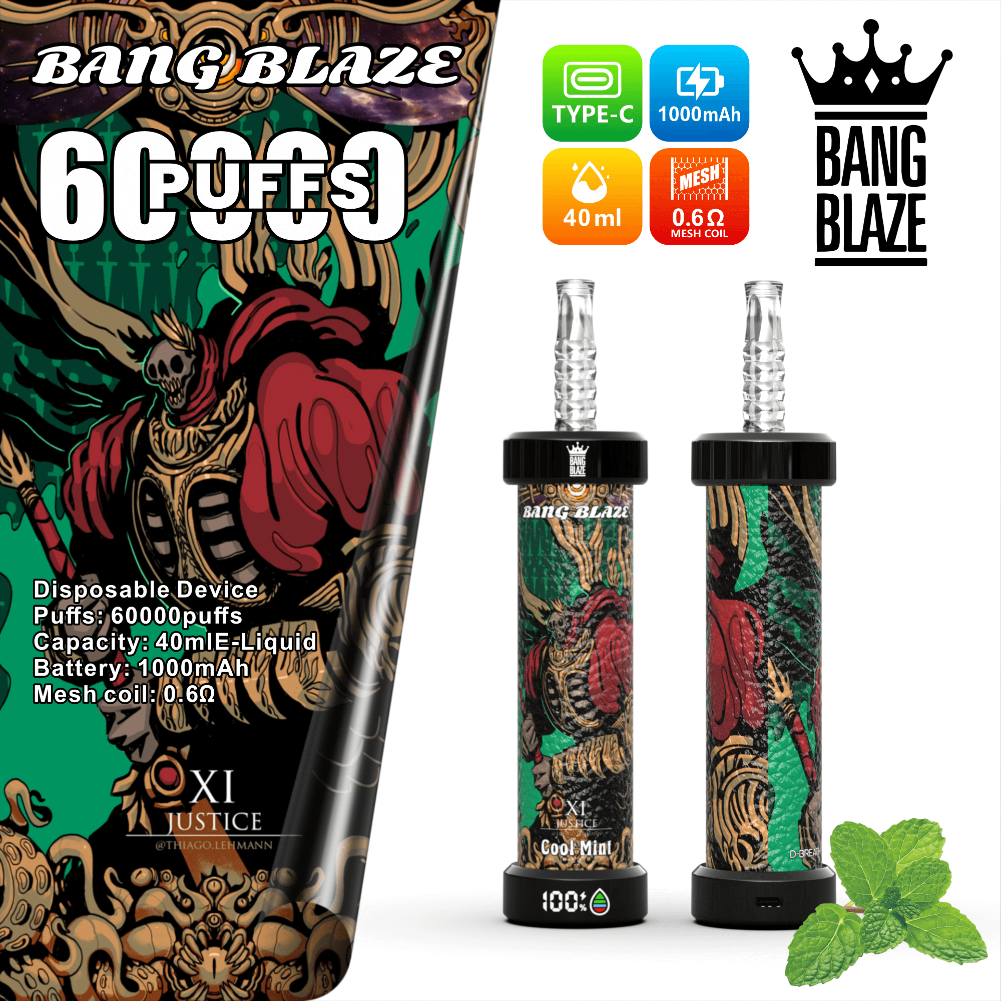 Bang Blaze 60000 Puffs Vape | 1000mAh Battery, 40ML E-liquid, Dual Coil, 10 Premium Flavors