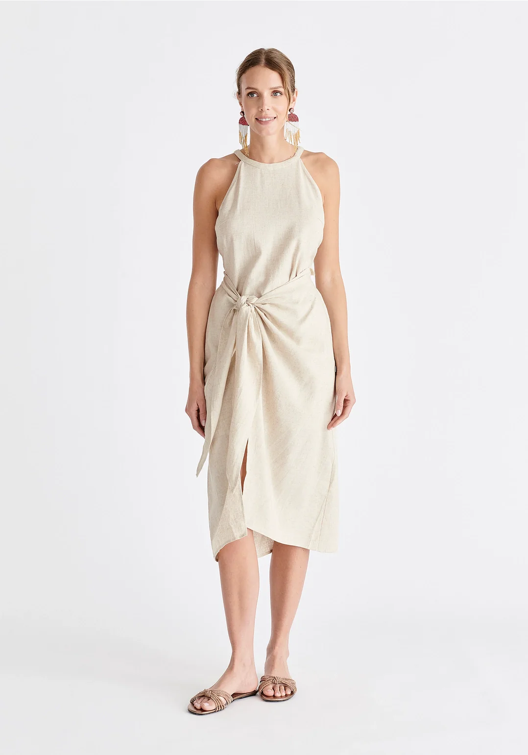 Linen Blend Waist Tie Dress - Oat