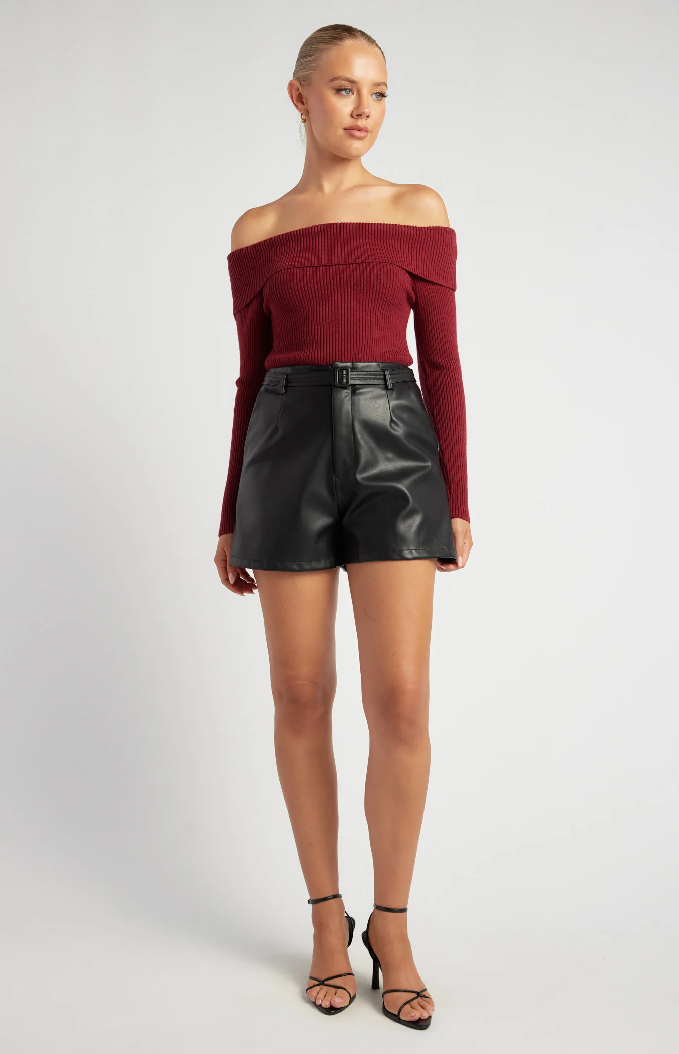 Square Buckle Stitched Belt Detail Faux Leather Shorts - Black