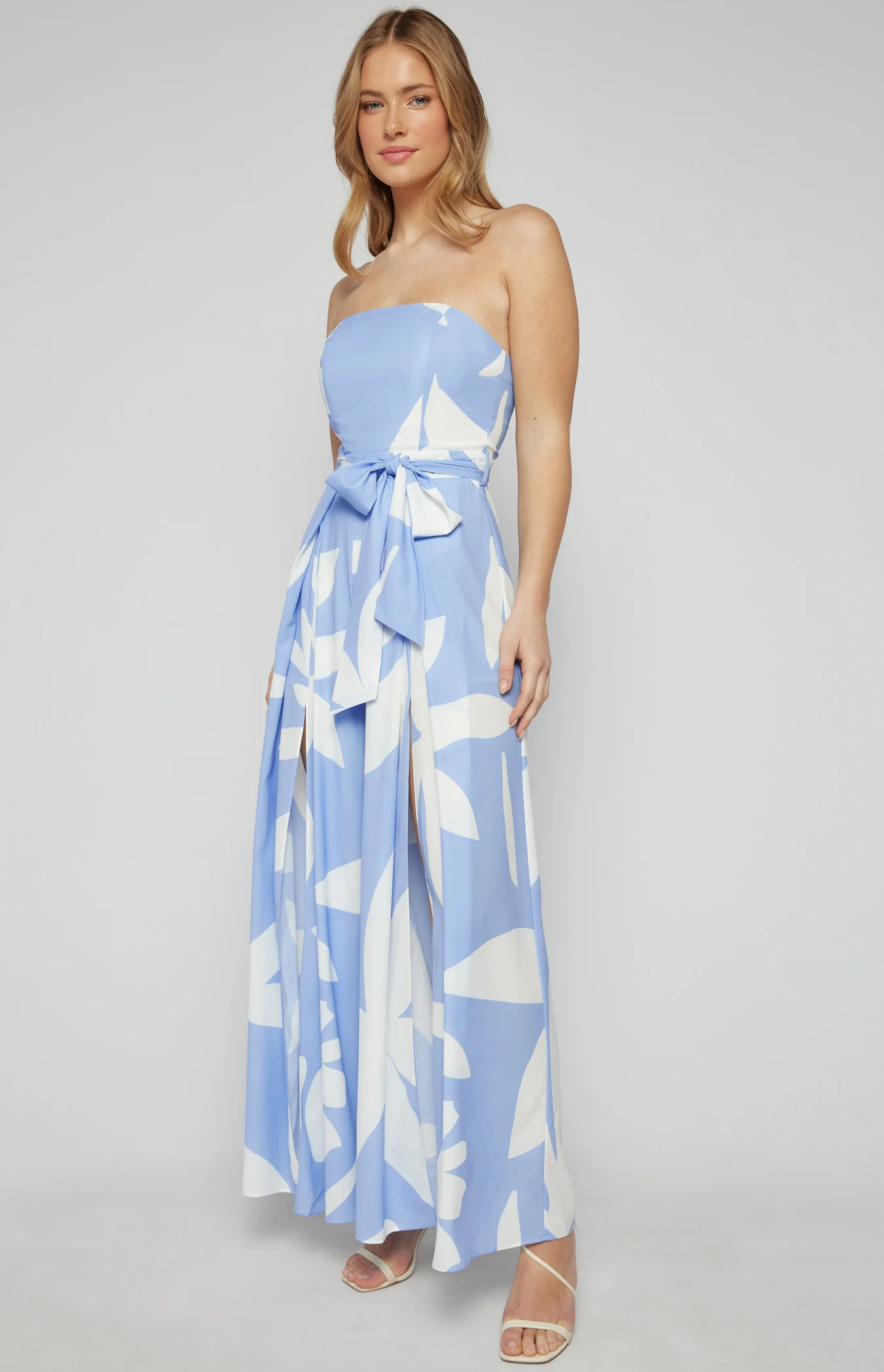 Two Tone Floral Strapless Split Leg Jumpsuit
