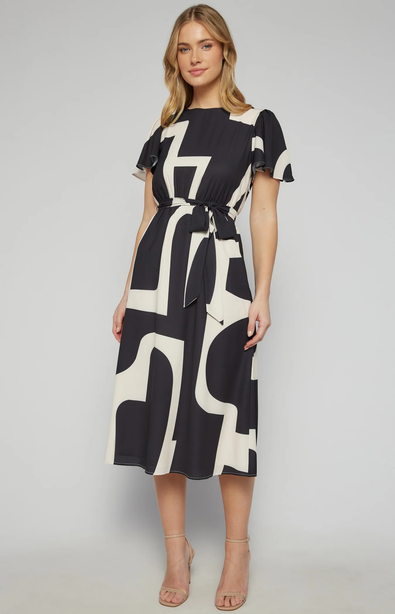 Abstract Print Midi Dress with Elastic Waist