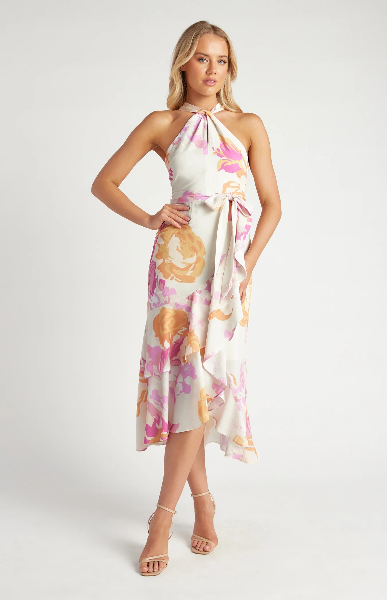 Floral Halter Dress with Waterfall Hem