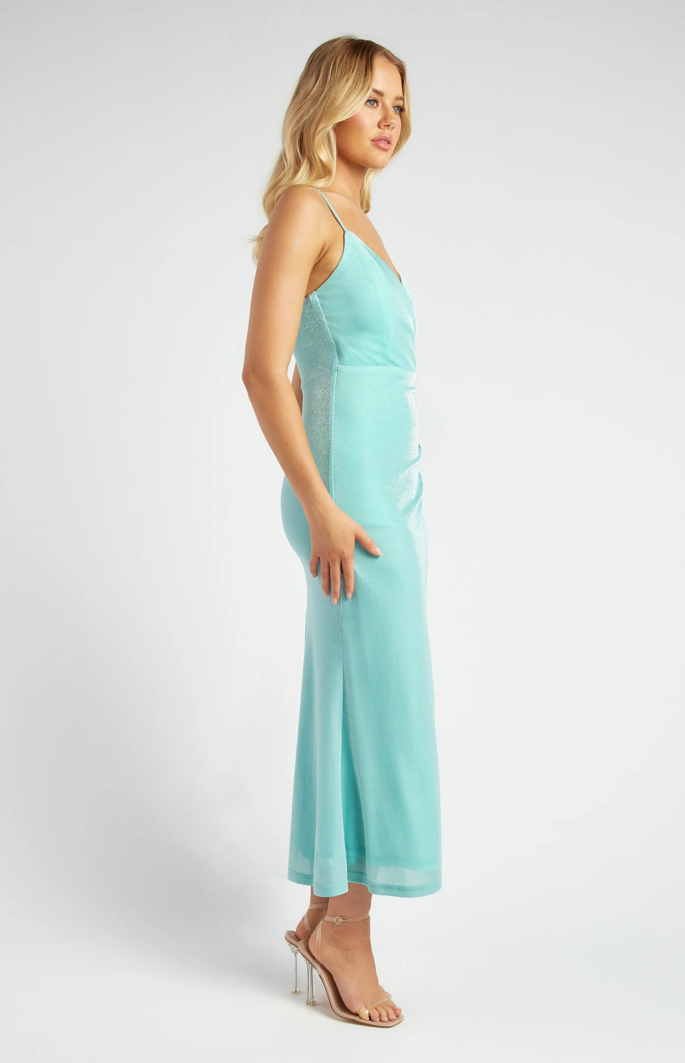 Metallic Mesh Maxi Dress with Side Pleat Details - Aqua