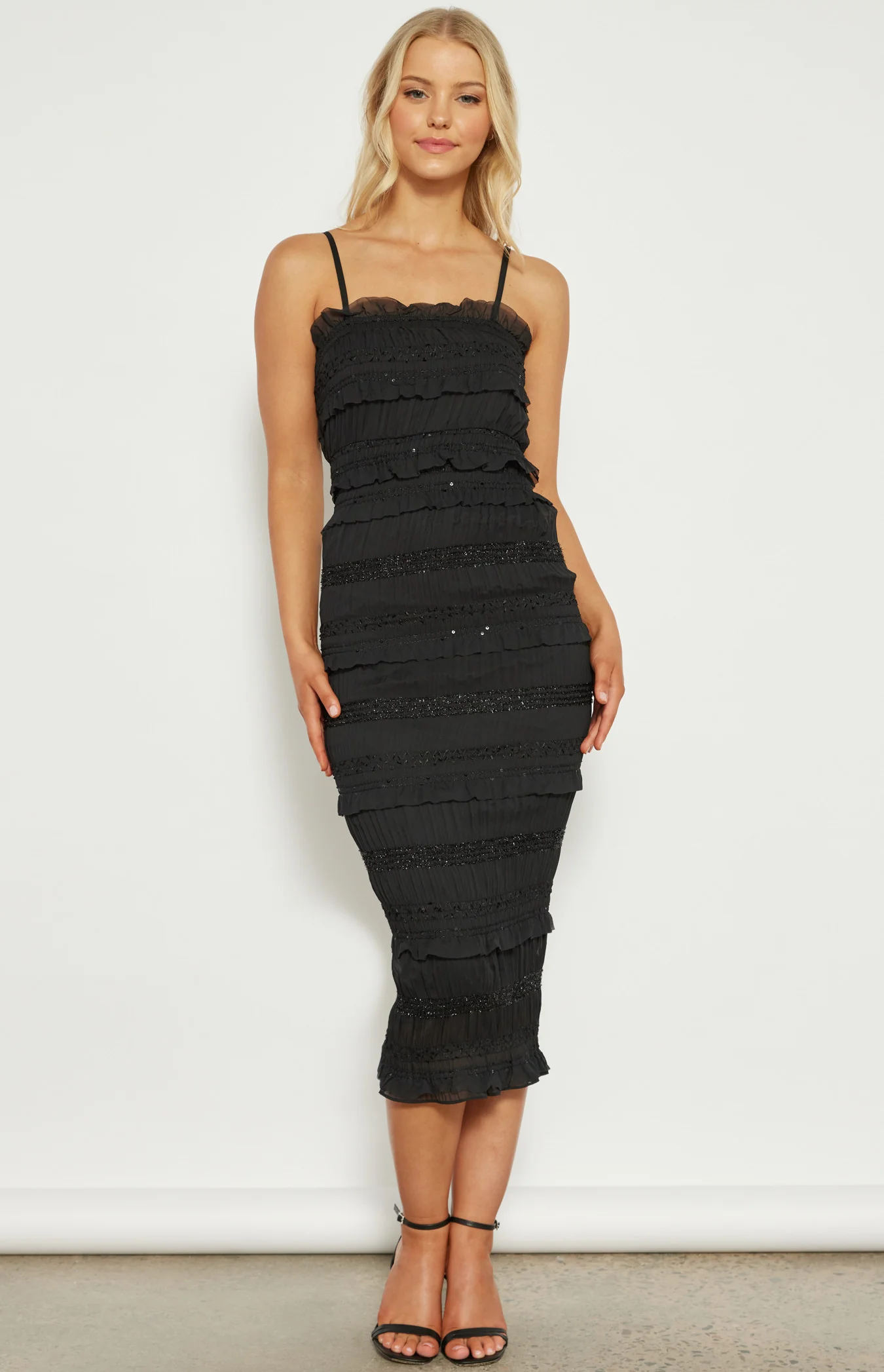 Textured Ruffle Dress - Black