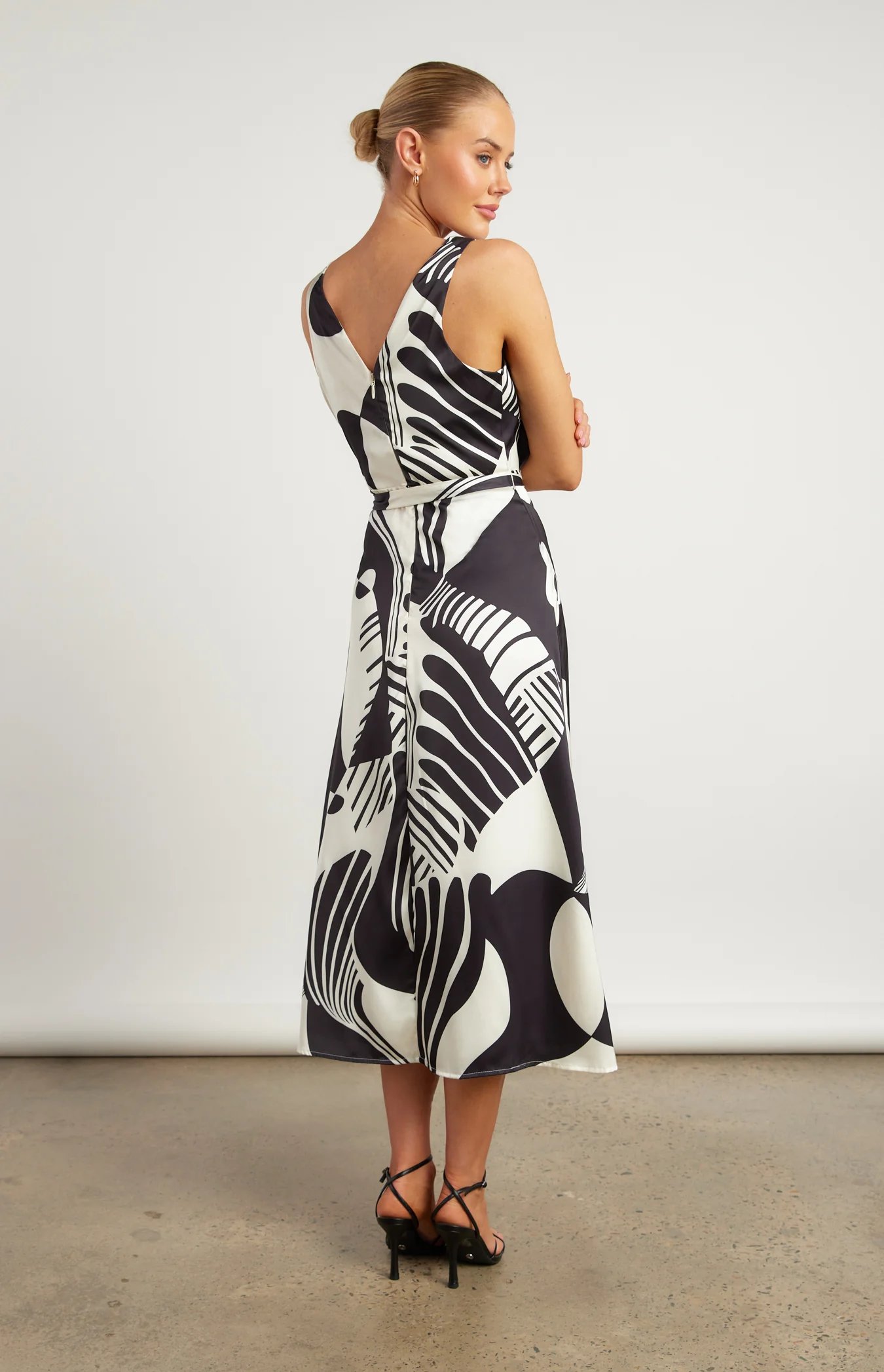 Abstract Printed Satin MidiDress with Scarf Feature