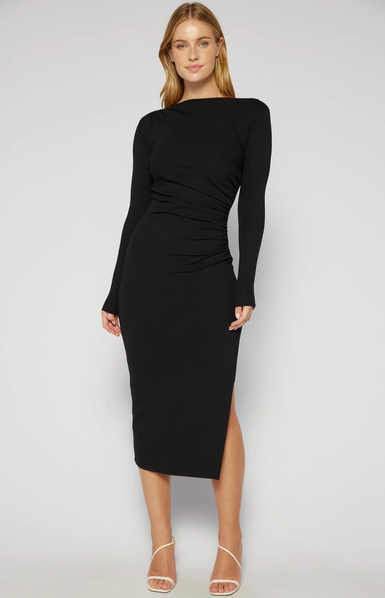 Long Sleeve Ruche Detail Jersey Midi Dress