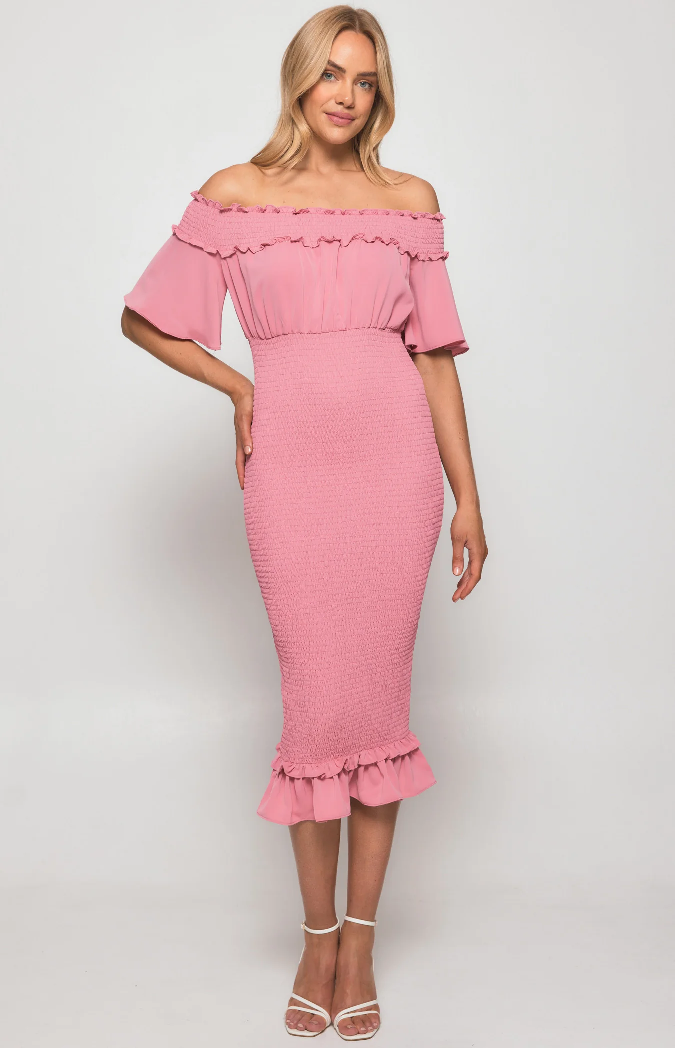 Off the Shoulder Shirred Midi Dress
