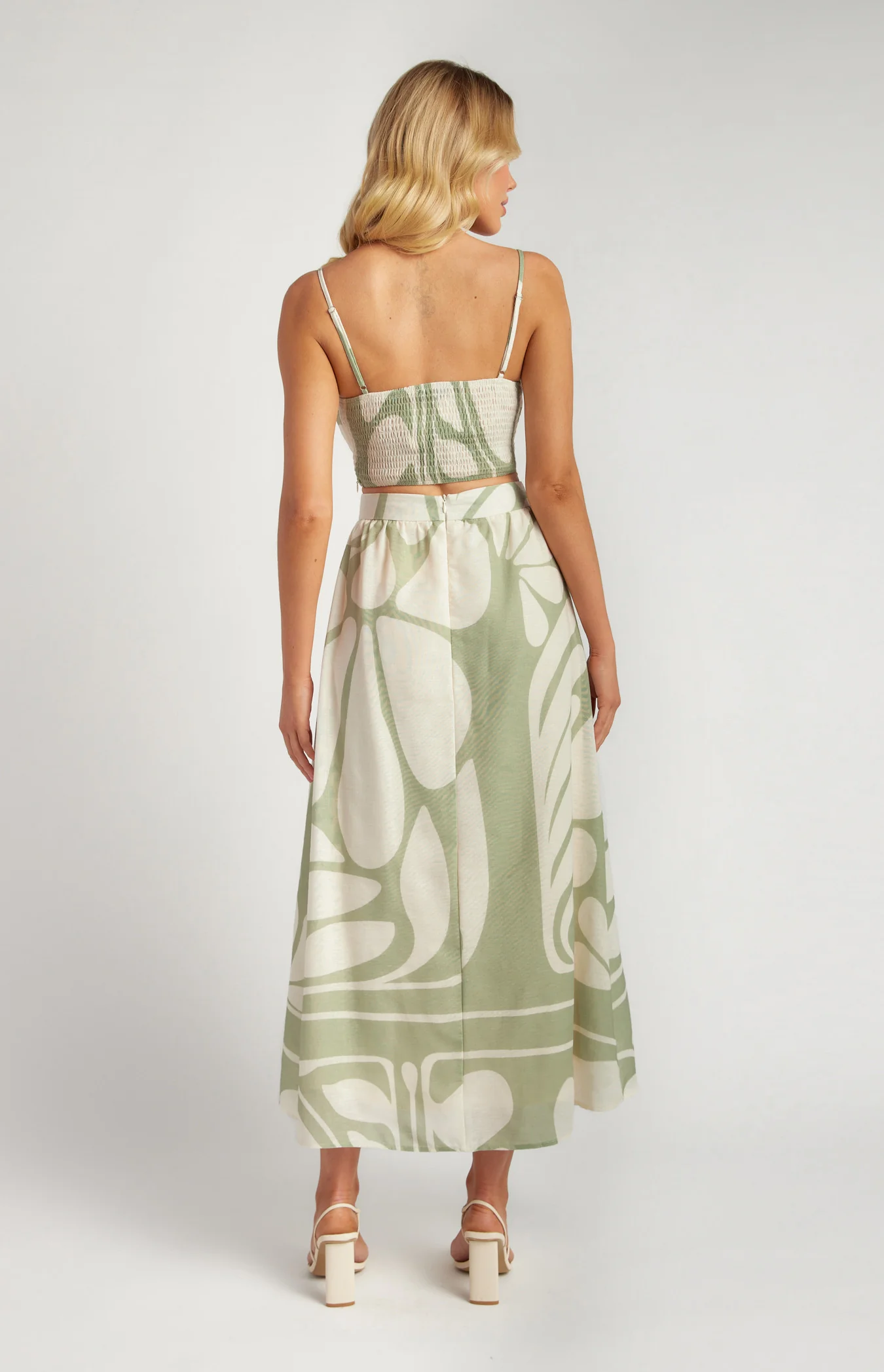 Faux Linen Print Set with Ruche Detail Top and Maxi Skirt