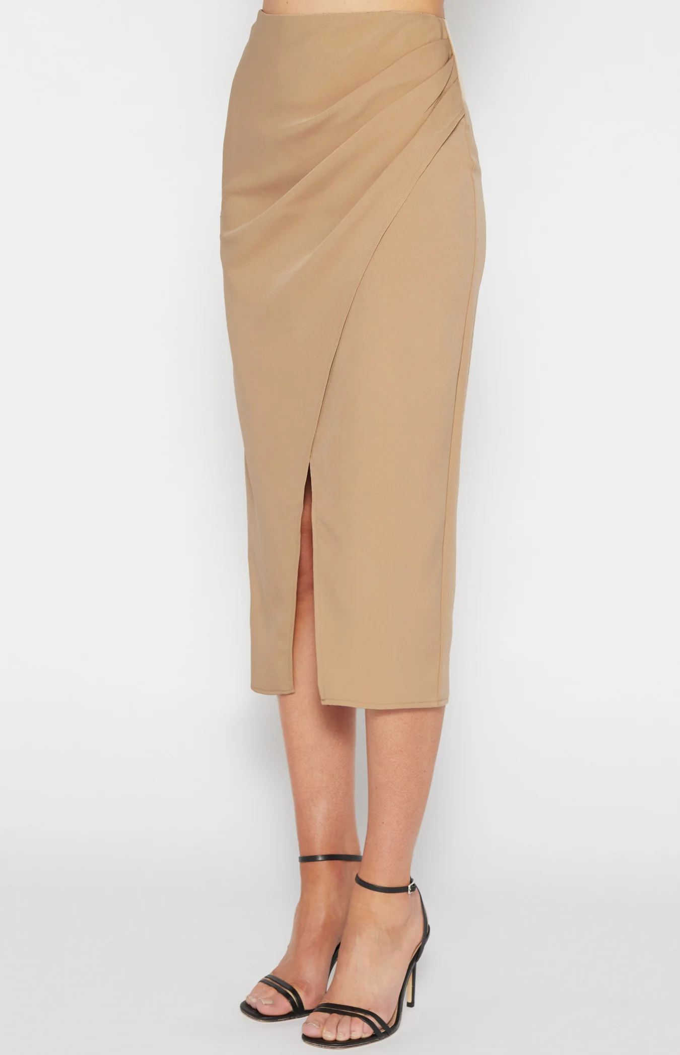 Stretch Fabric Side Pleated Midi Skirt