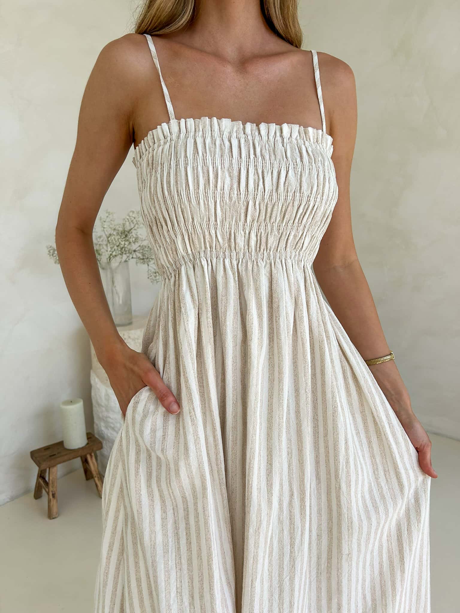 Alexi Maxi Dress - Beige/White Stripe