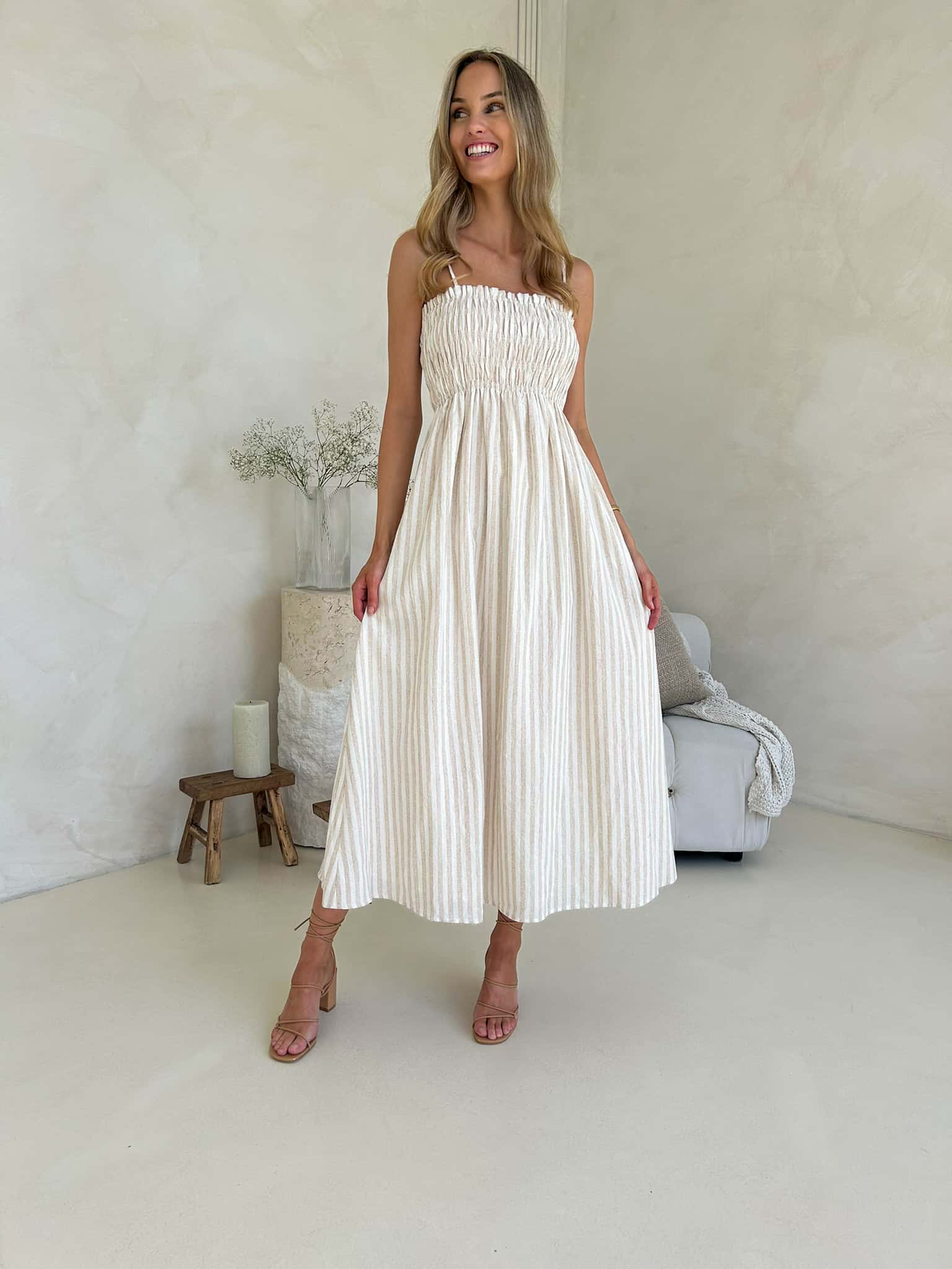 Alexi Maxi Dress - Beige/White Stripe