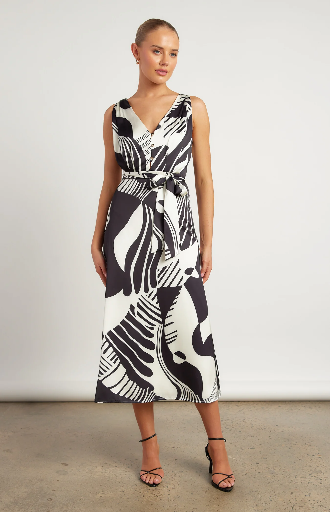 Abstract Printed Satin MidiDress with Scarf Feature