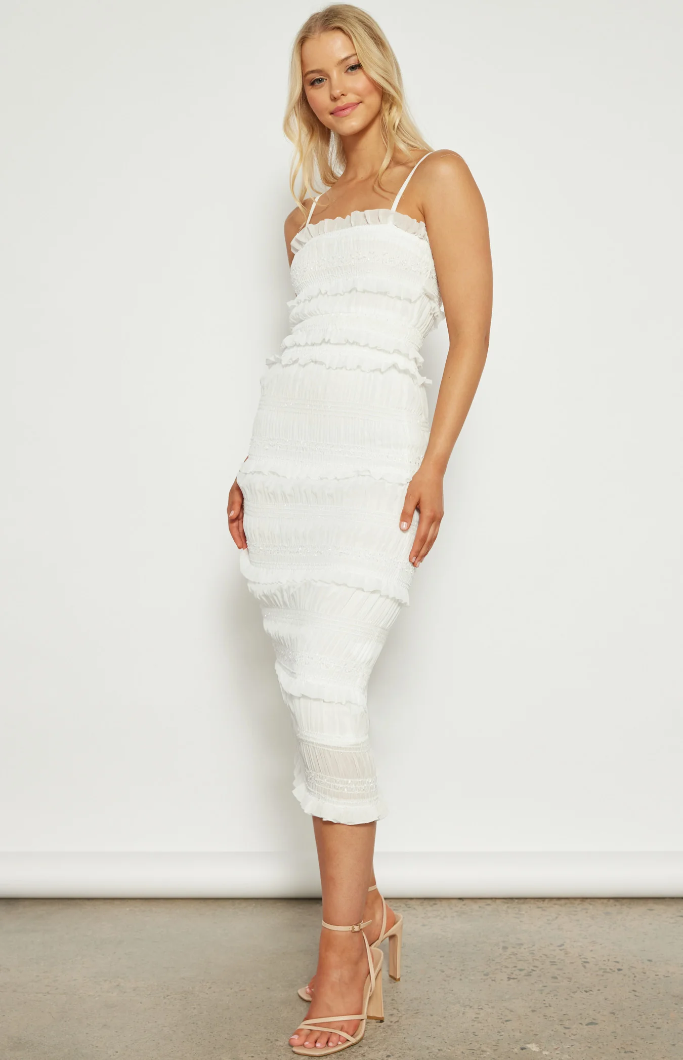 Textured Ruffle Dress - White