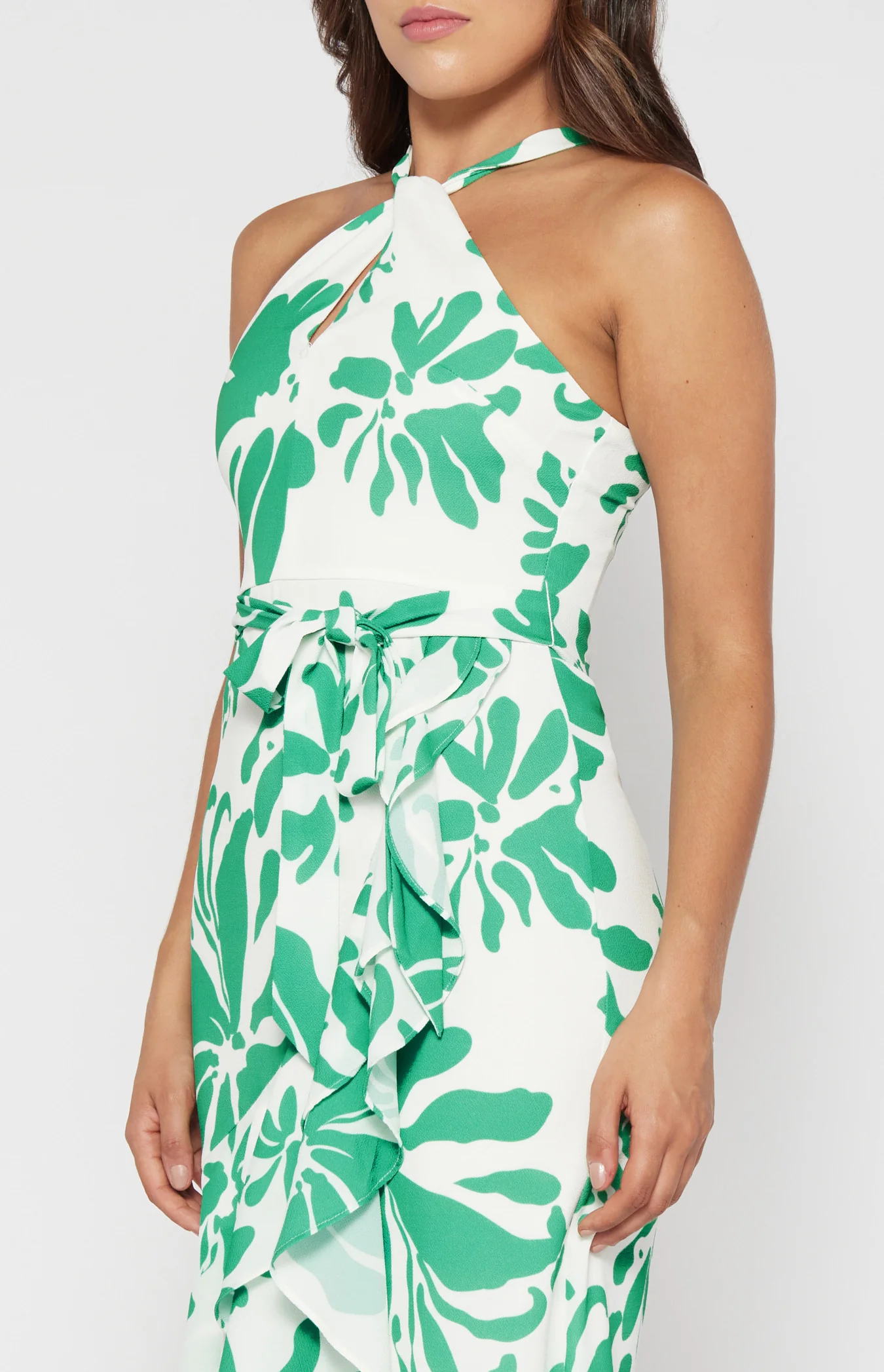Abstract Floral Halter Dress with Waterfall Hem