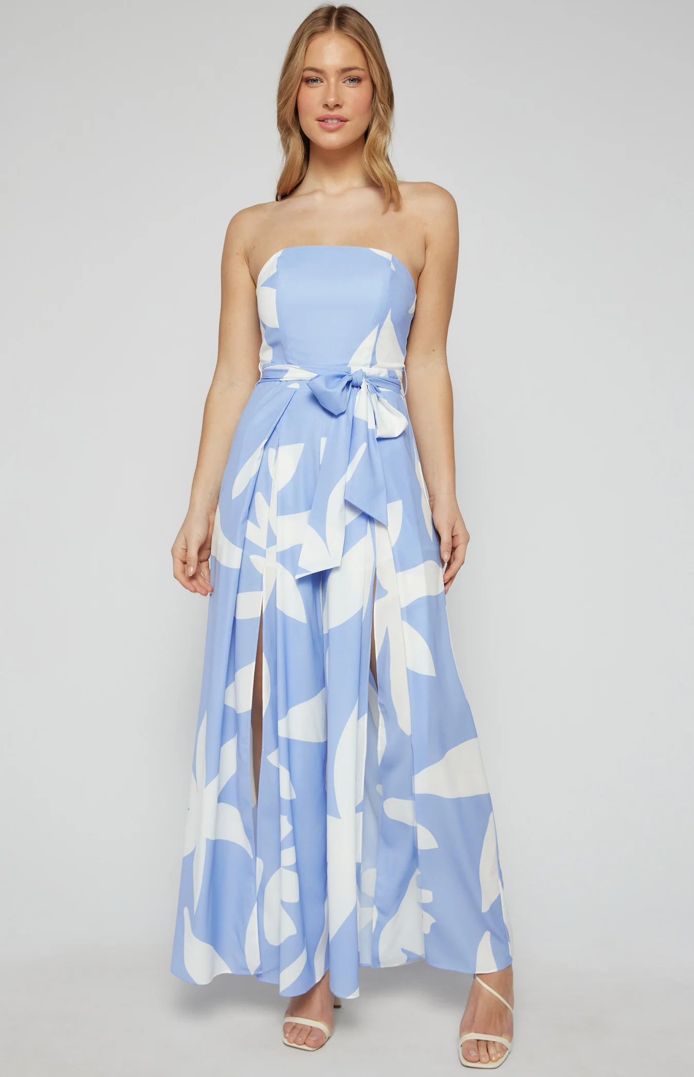 Two Tone Floral Strapless Split Leg Jumpsuit