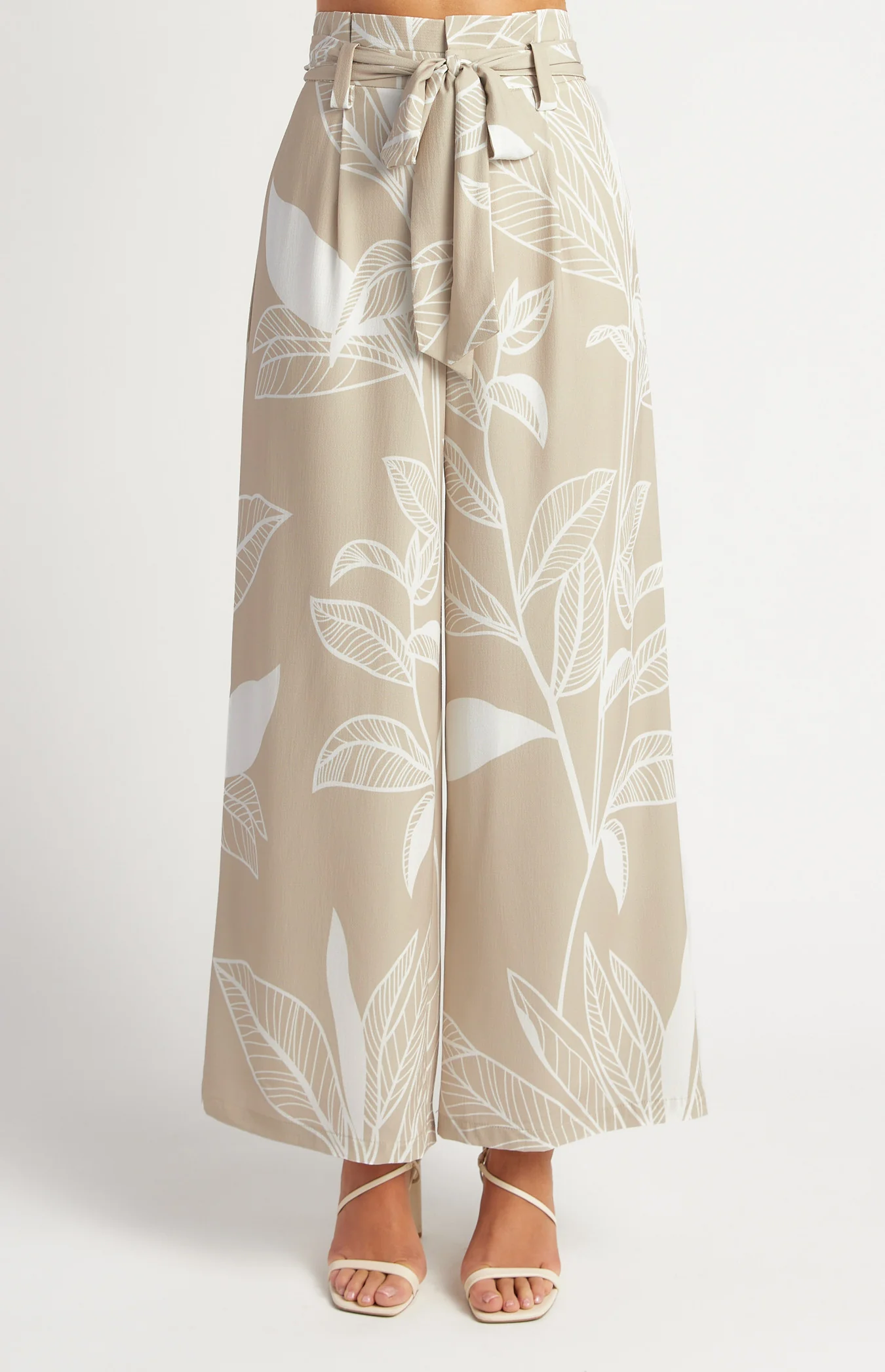 Leaf Print Paper Bag Waist Wide Leg Pants