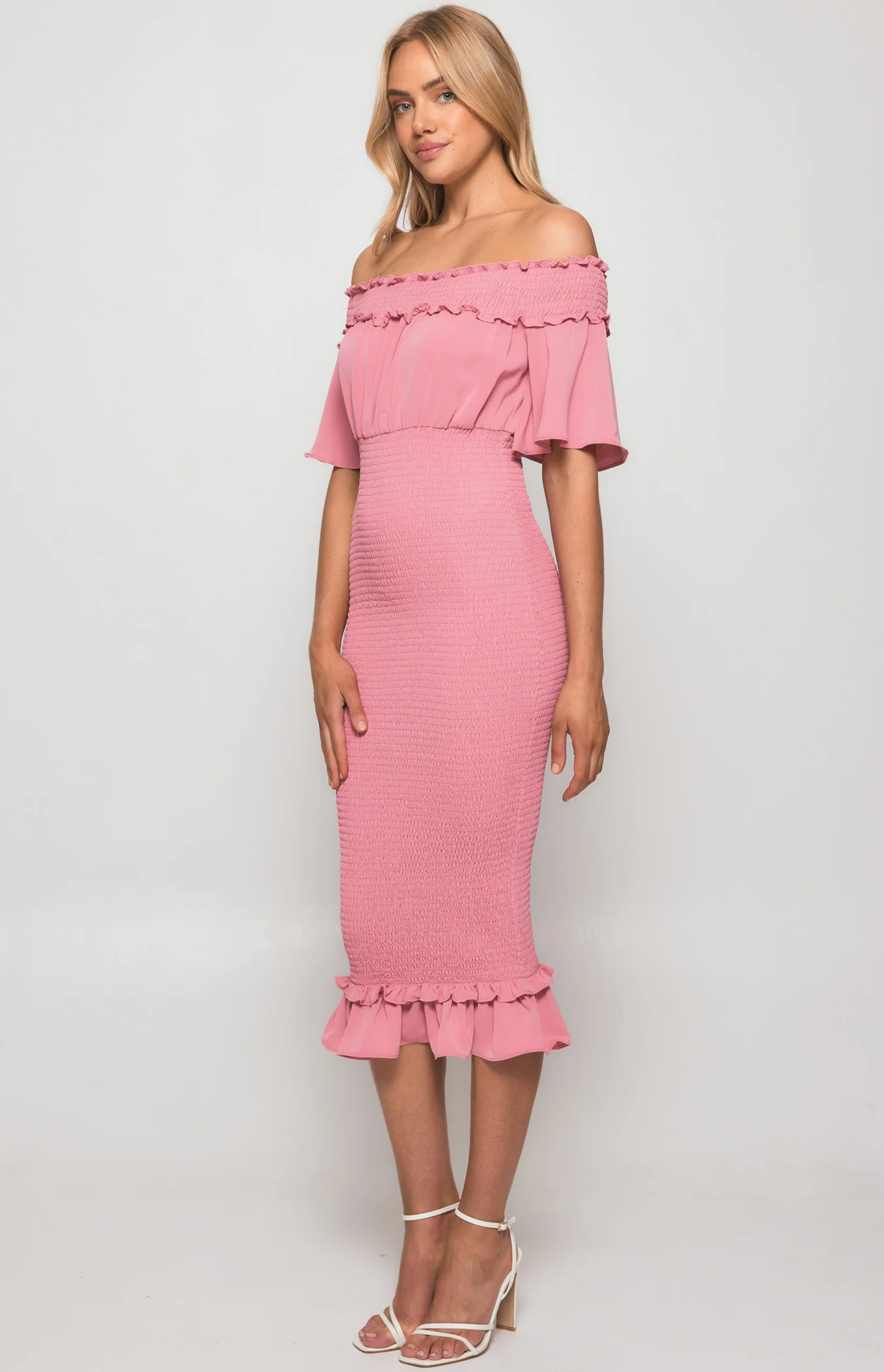 Off the Shoulder Shirred Midi Dress
