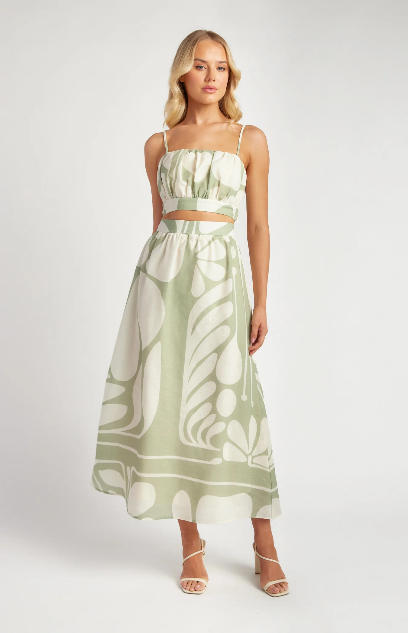 Faux Linen Print Set with Ruche Detail Top and Maxi Skirt