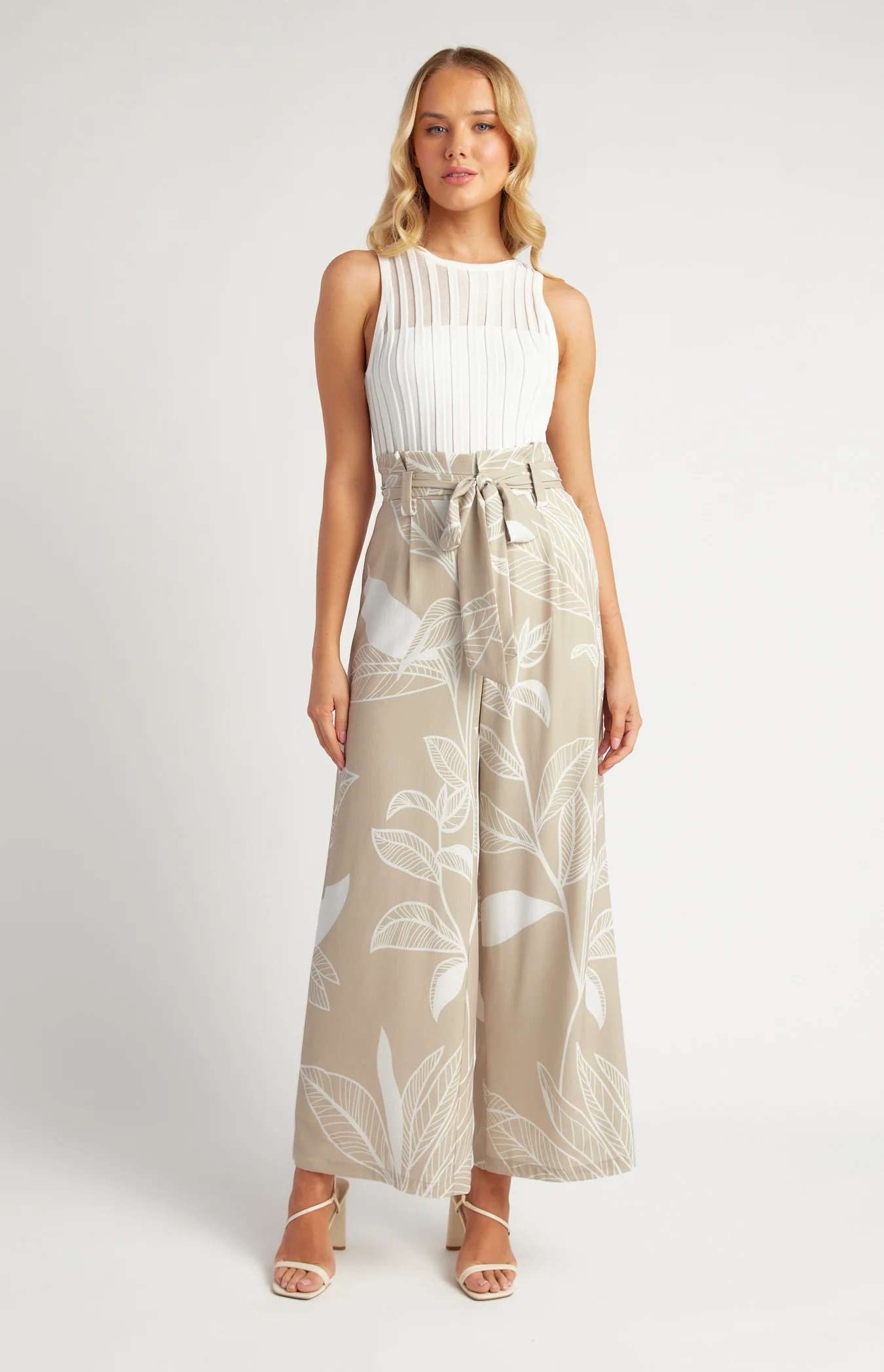Leaf Print Paper Bag Waist Wide Leg Pants