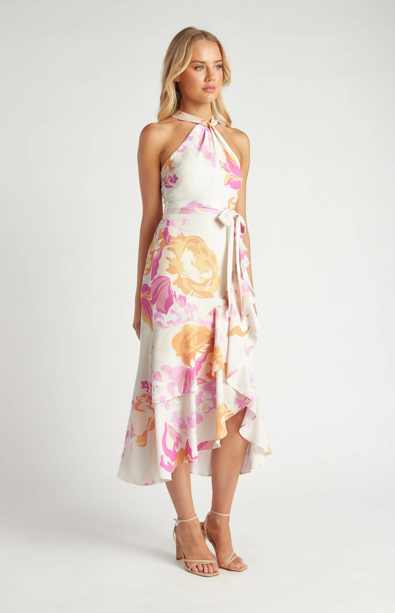 Floral Halter Dress with Waterfall Hem