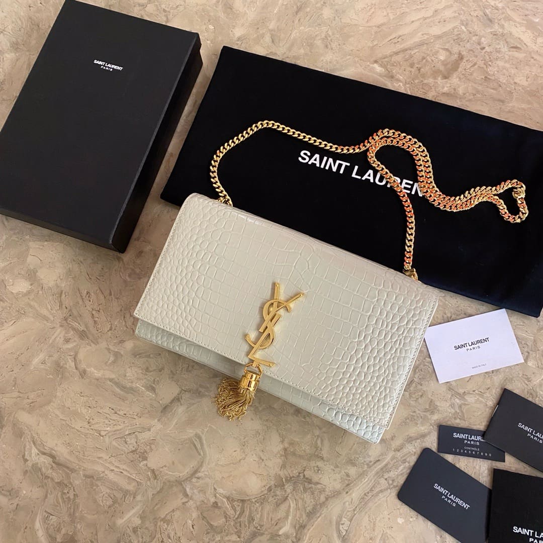 Saint Laurent KATE medium fringed crocodile-embossed leather bag - FrasersFashion