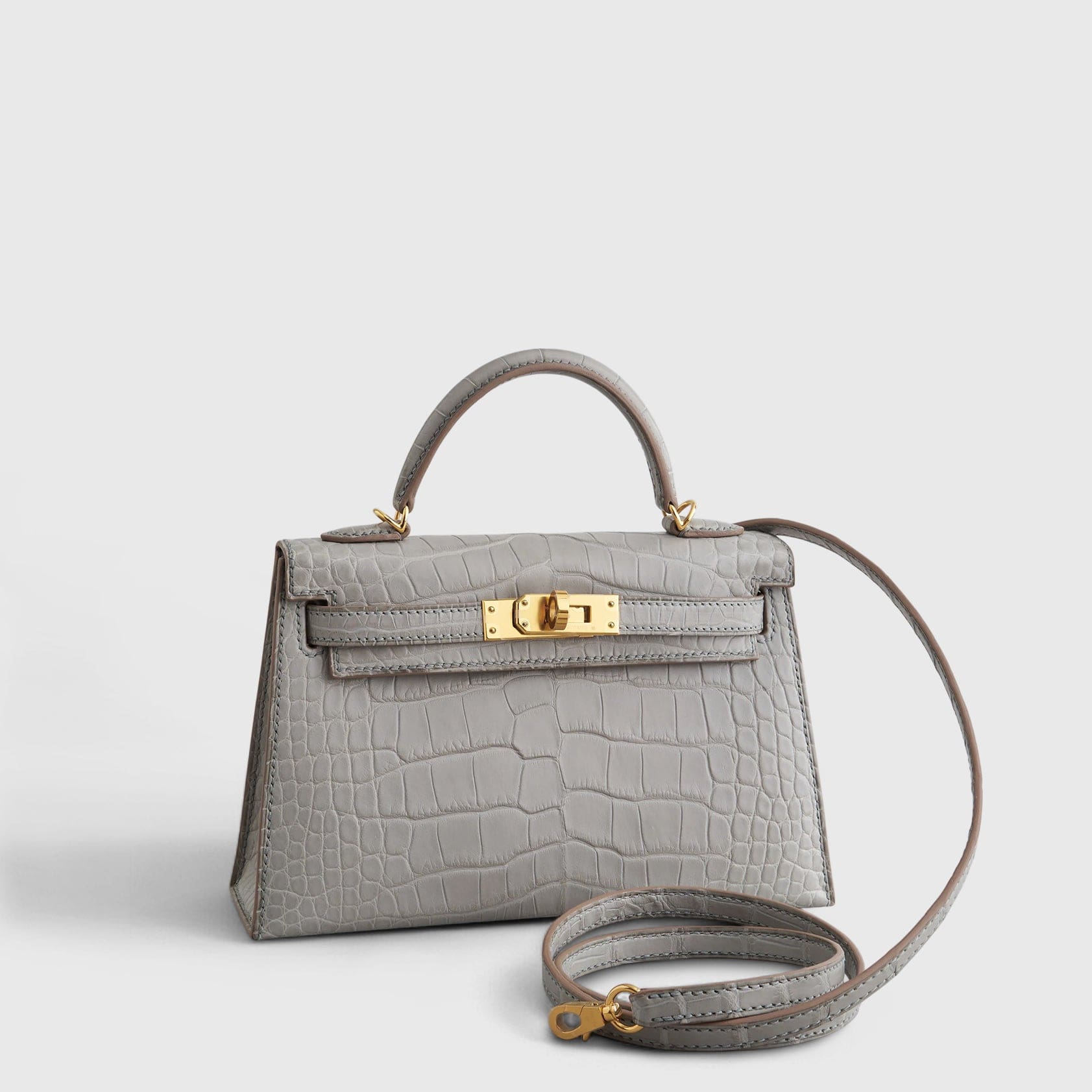 HERMES Kelly Mini Alligator Gris Perle Matte Gold Hardware - FrasersFashion