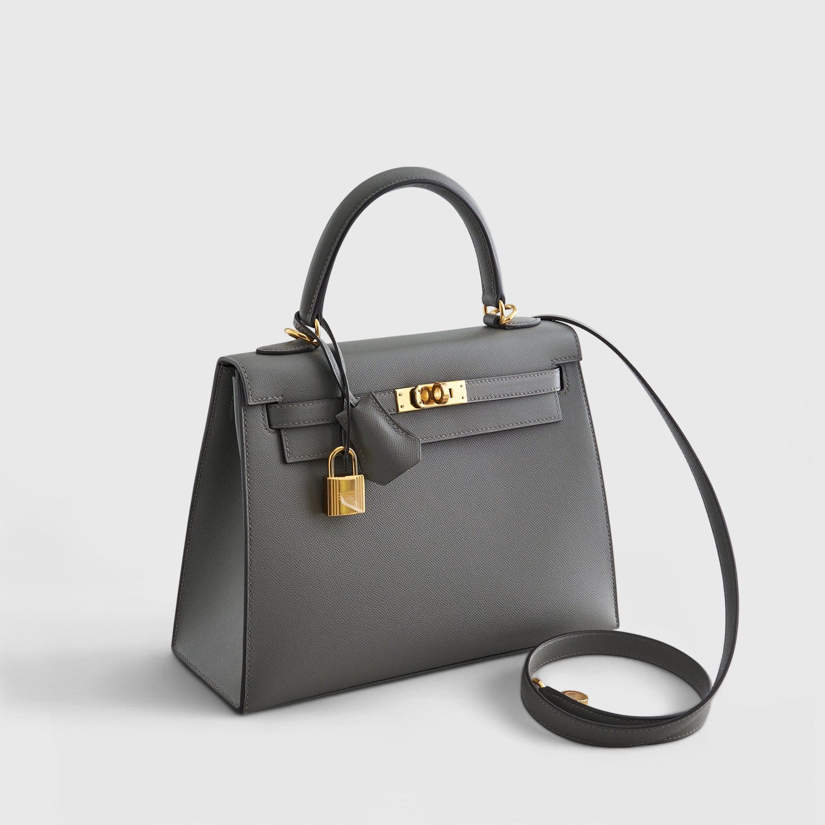 HERMES Kelly 25 Veau Madame Gris Meyer Sellier Gold Hardware - FrasersFashion