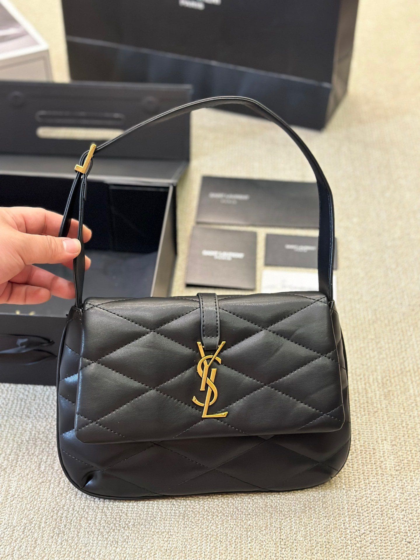 SAINT LAURENT Lambskin Quilted Le 57 Diamond Shoulder Bag Black - FrasersFashion