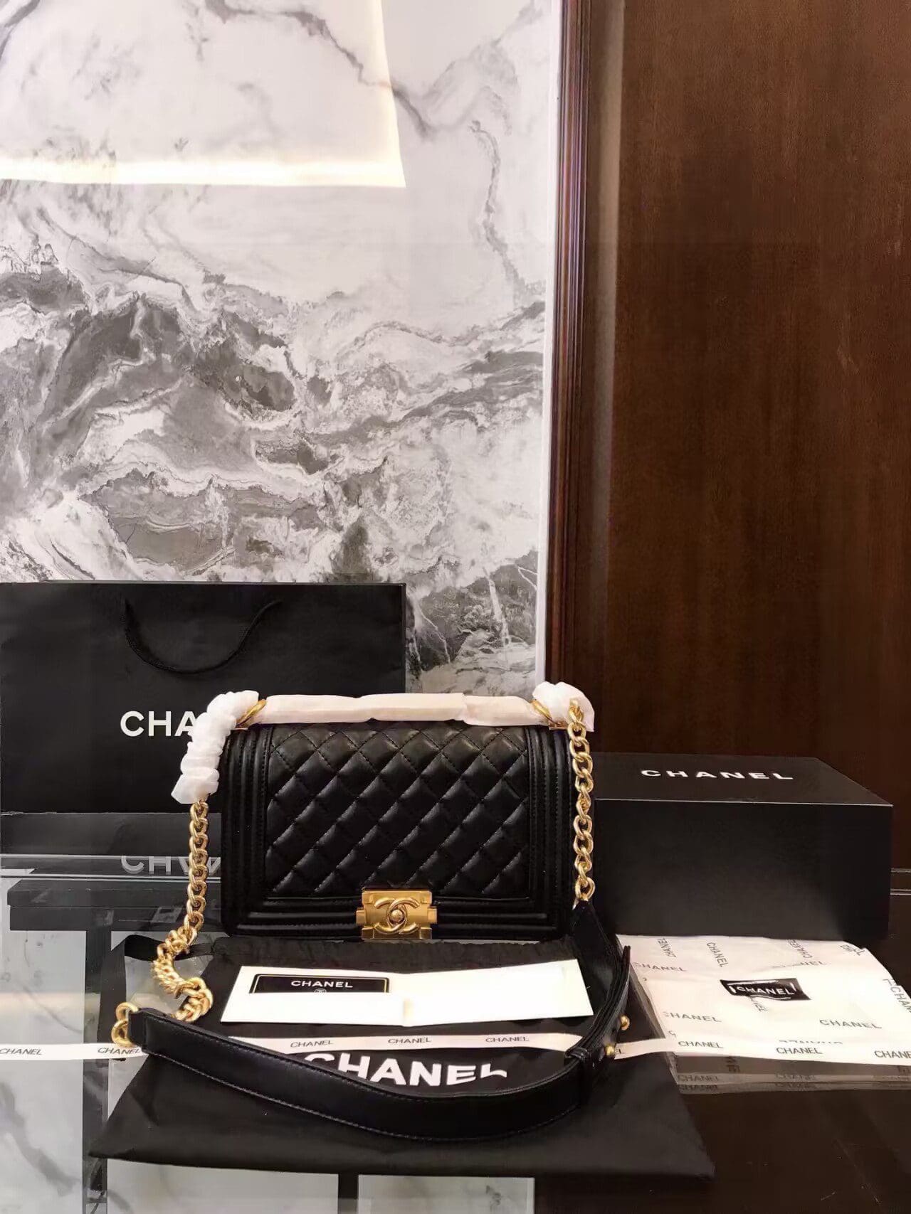 CHANEL Boy Chanel Chain Shoulder Bag A67086 Calfskin GHW leather Black - FrasersFashion