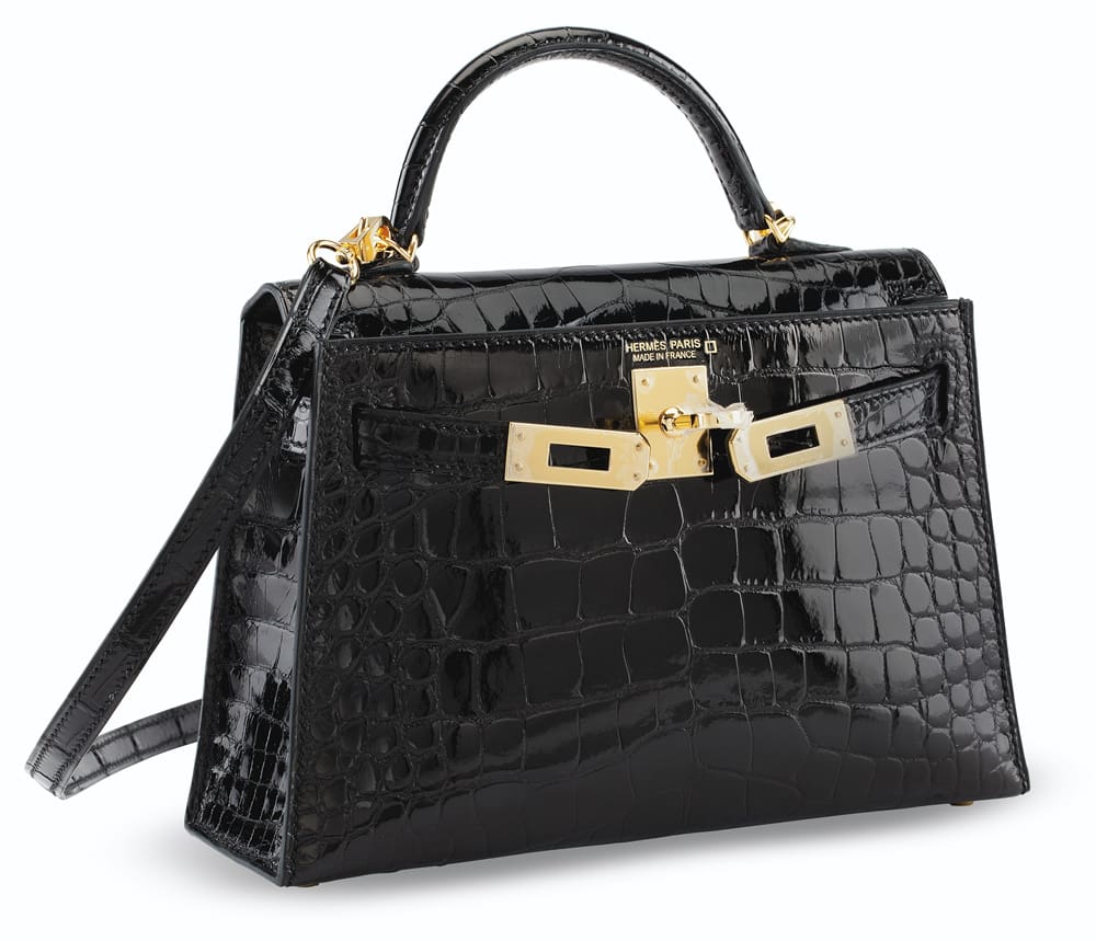 HERMES A SHINY BLACK ALLIGATOR SELLIER MINI KELLY 20 II WITH GOLD HARDWARE - FrasersFashion