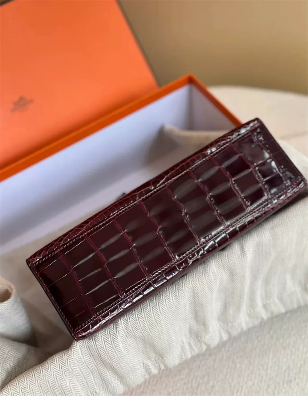 HERMES mini kelly Bordeaux Red Shiny Crocodile Leather Palladium Hardware - FrasersFashion