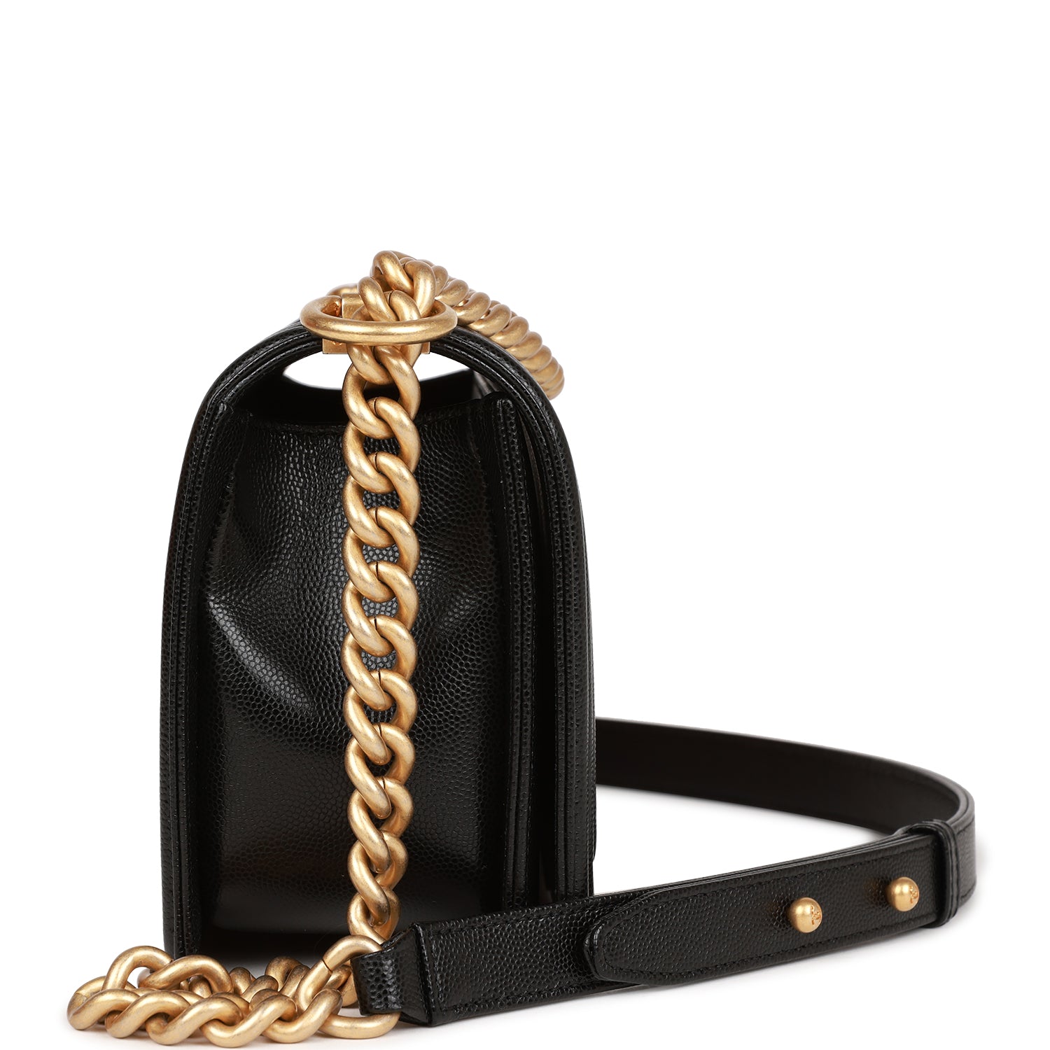 CHANEL Medium Boy Bag Black Caviar Antique Gold Hardware - FrasersFashion