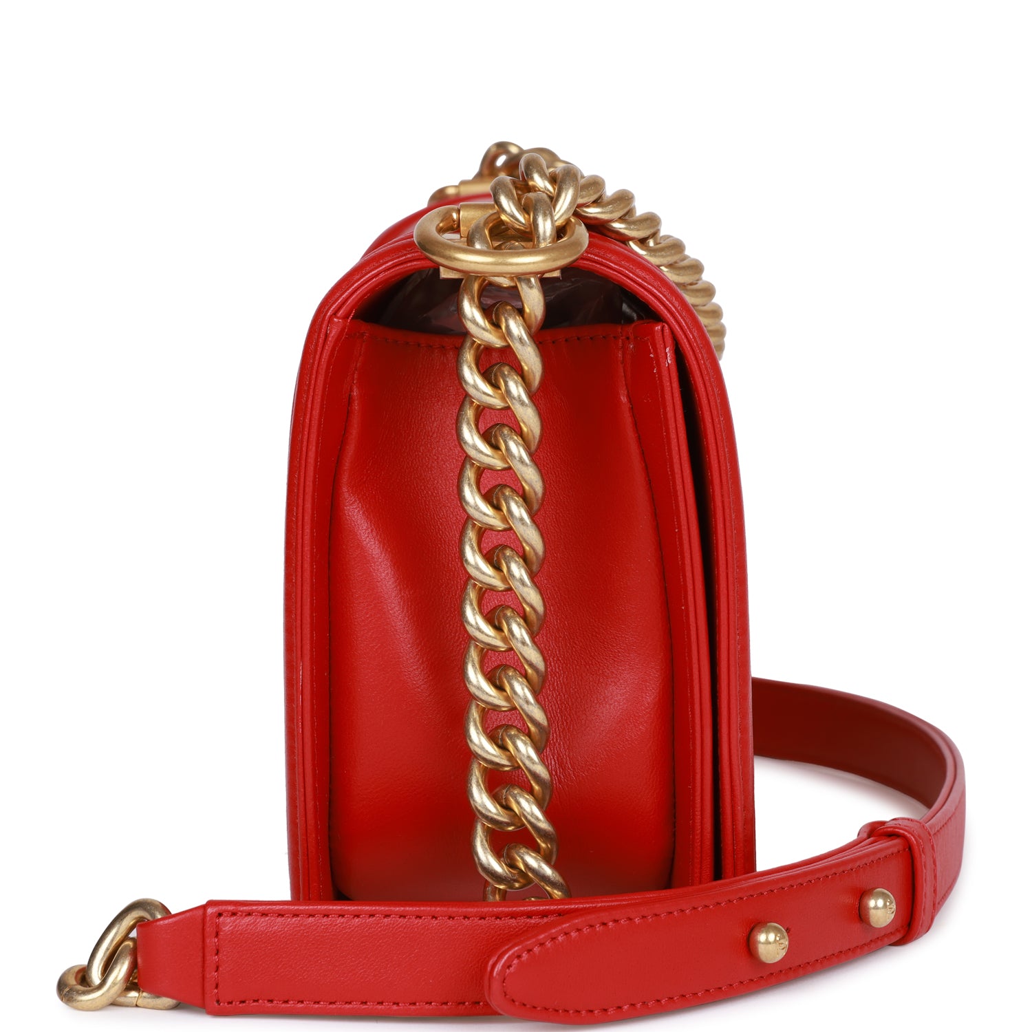 CHANEL Medium Boy Bag Red Lambskin Antique Gold Hardware - FrasersFashion