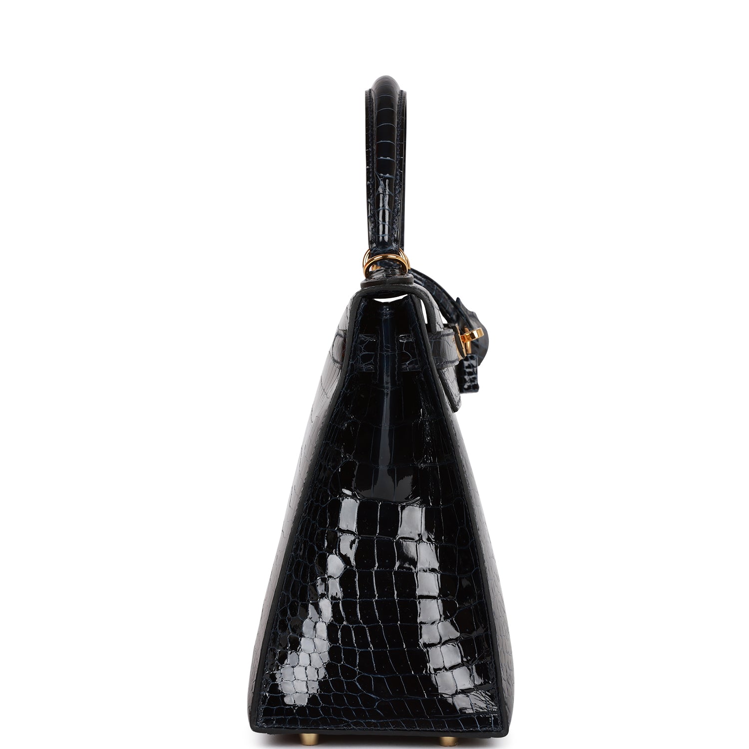HERMES Kelly Sellier 28 Bleu Baltique Shiny Porosus Crocodile Gold Hardware - FrasersFashion