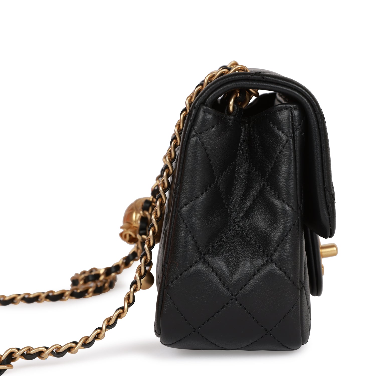 CHANEL Pearl Crush Mini Square Flap Bag Black Lambskin Antique Gold Hardware - FrasersFashion