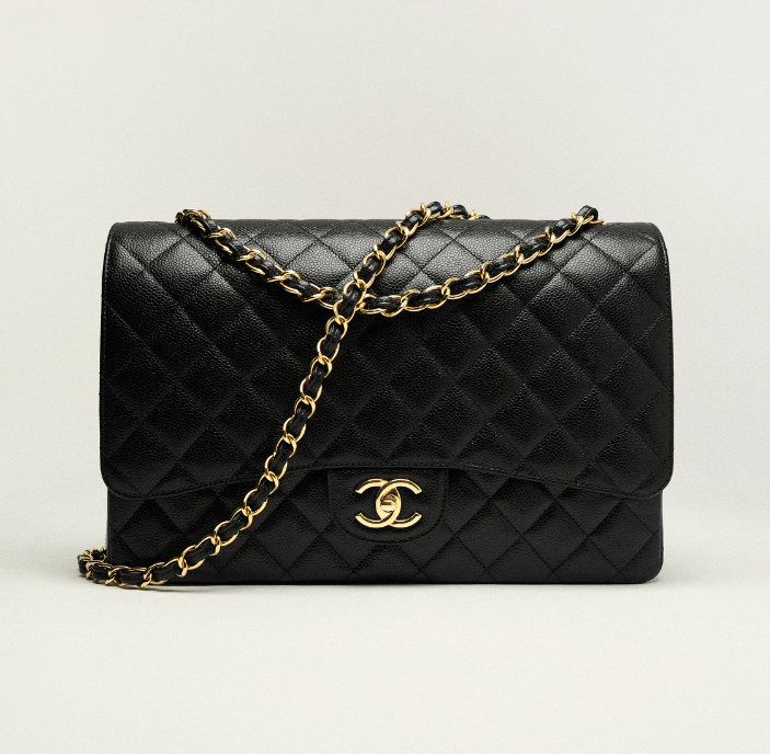 CHANEL MAXI CLASSIC HANDBAG Grained Calfskin & Gold-Tone Metal Black - FrasersFashion