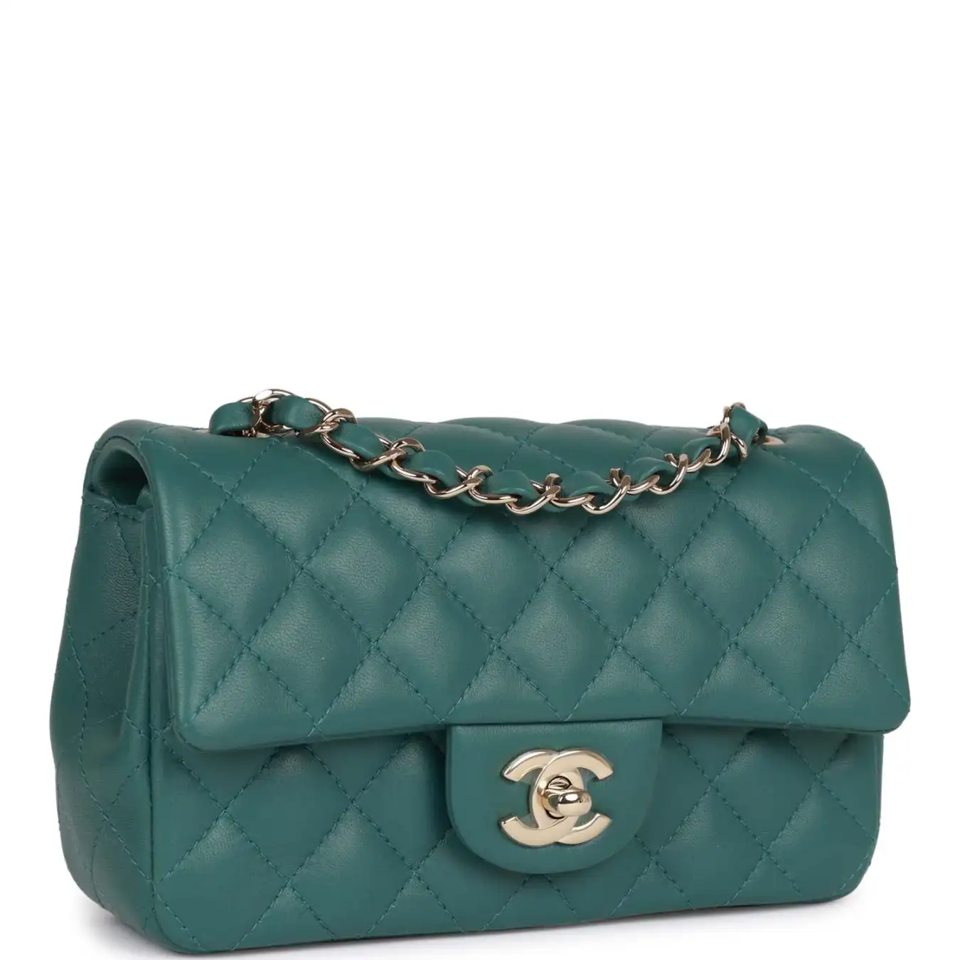 Chanel Mini Rectangular Flap Bag Green Lambskin Light Gold Hardware - FrasersFashion