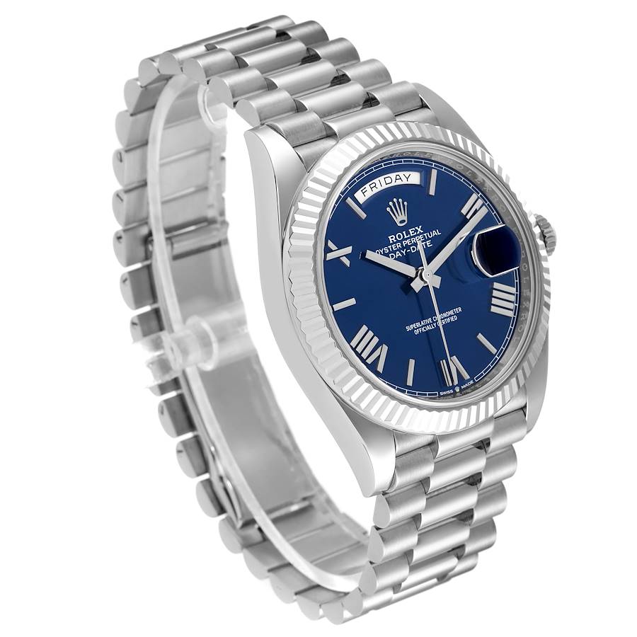 ROLEX  Day-Date 40 President Bracelet, Bright Blue Roman Dial, White Gold - FrasersFashion