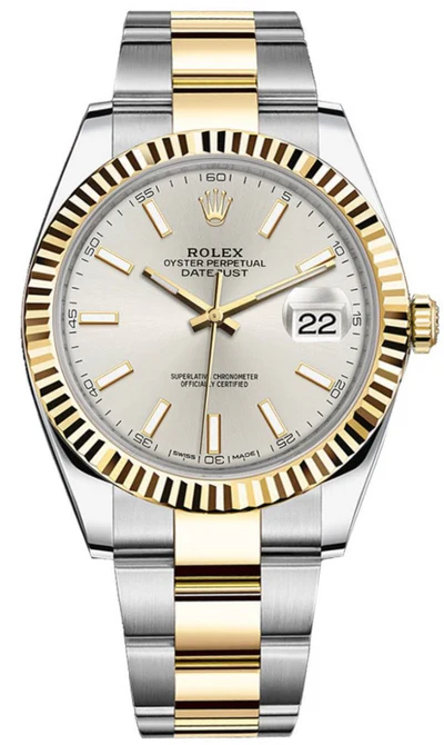 Rolex Datejust 41 White Stick Dial Two Tone Yellow Gold Fluted Oyster Bracelet - FrasersFashion