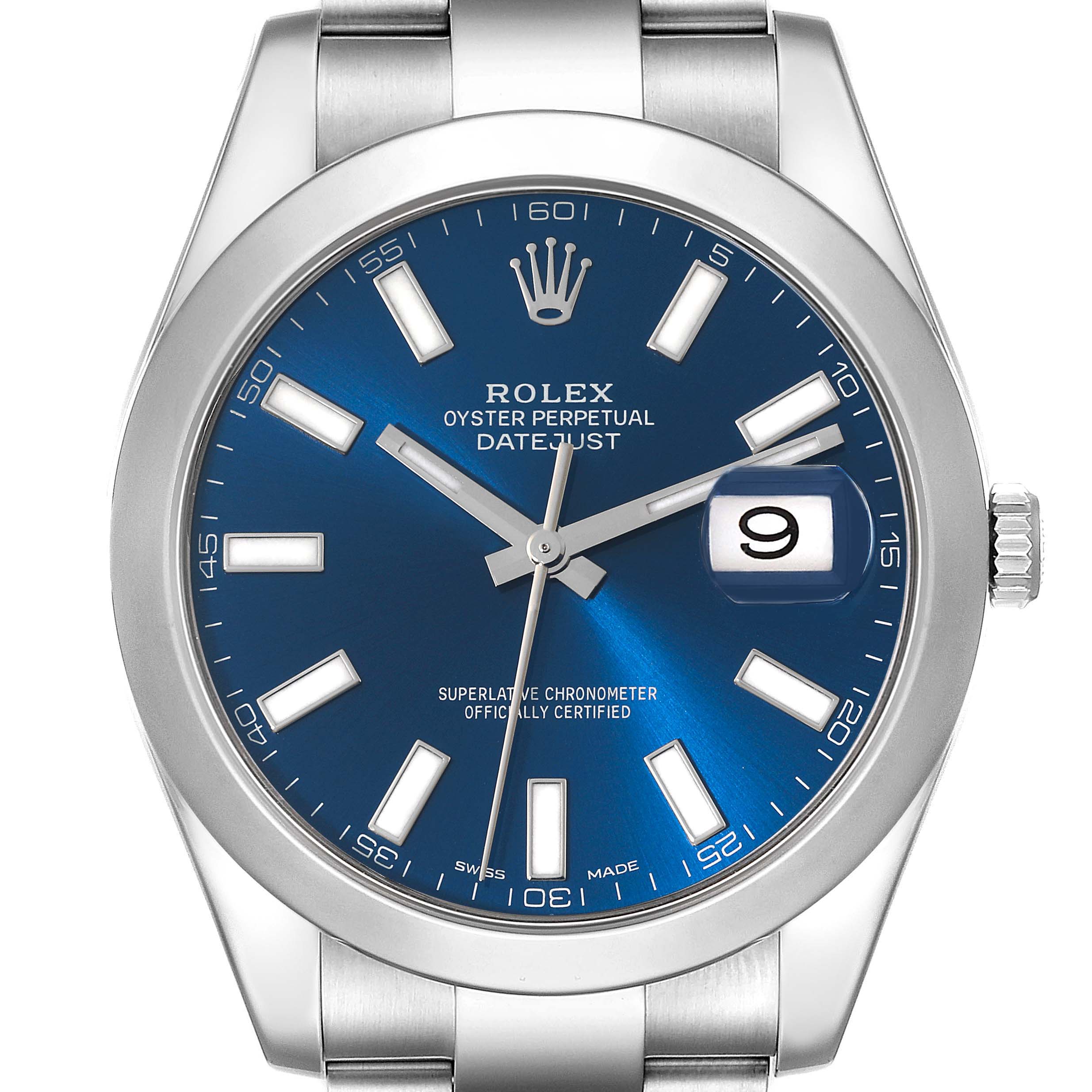 Rolex Datejust II 41 Blue Baton Dial Oyster Bracelet Steel Mens Watch 116300 - FrasersFashion