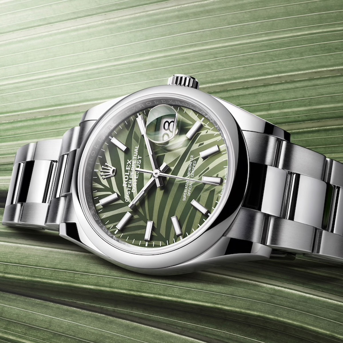 Rolex Datejust Olive Green Palm Motif Dial Steel Unisex Watch - FrasersFashion