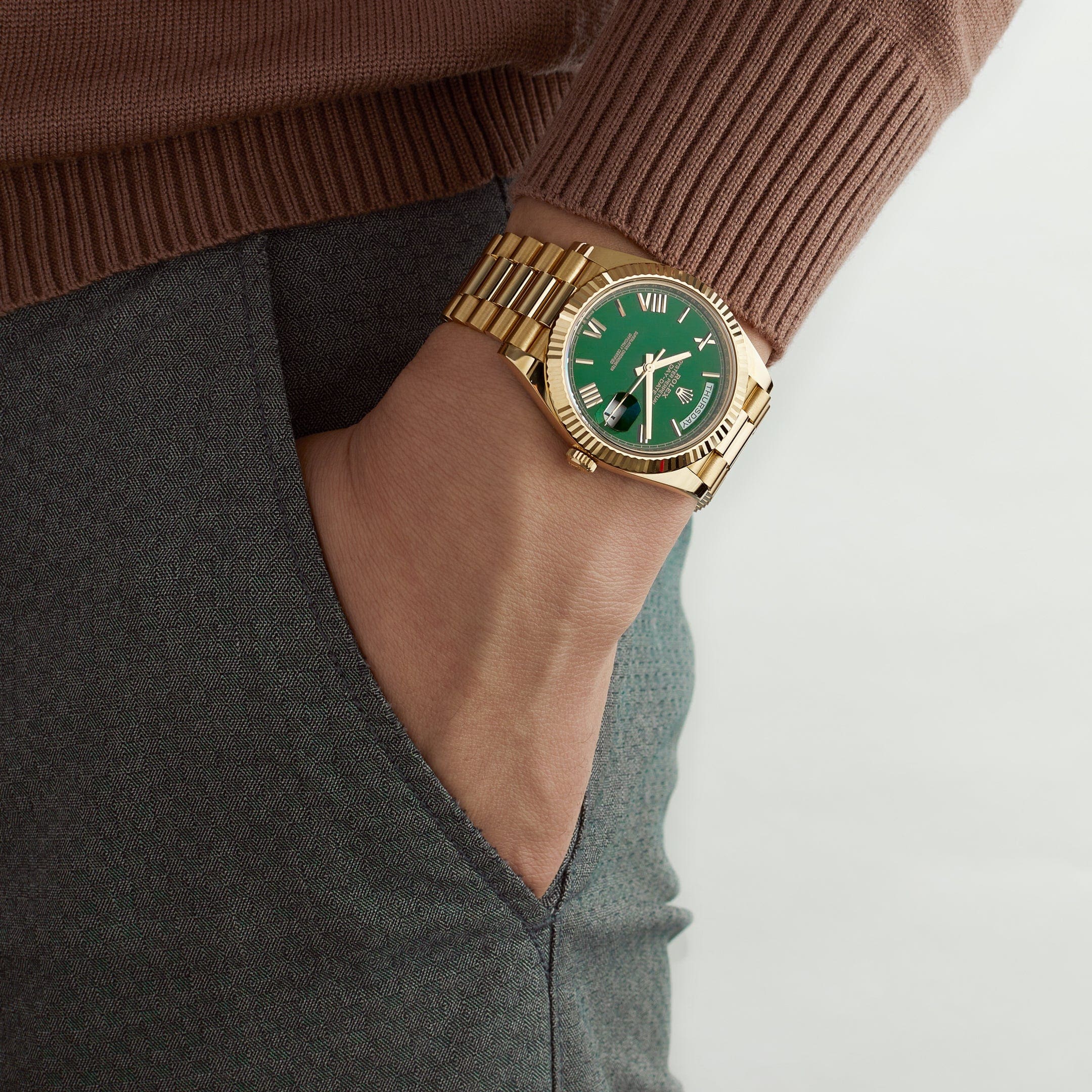 Rolex Day-Date 40 228238 Yellow Gold Green Roman Numerals Dial (2023) - FrasersFashion